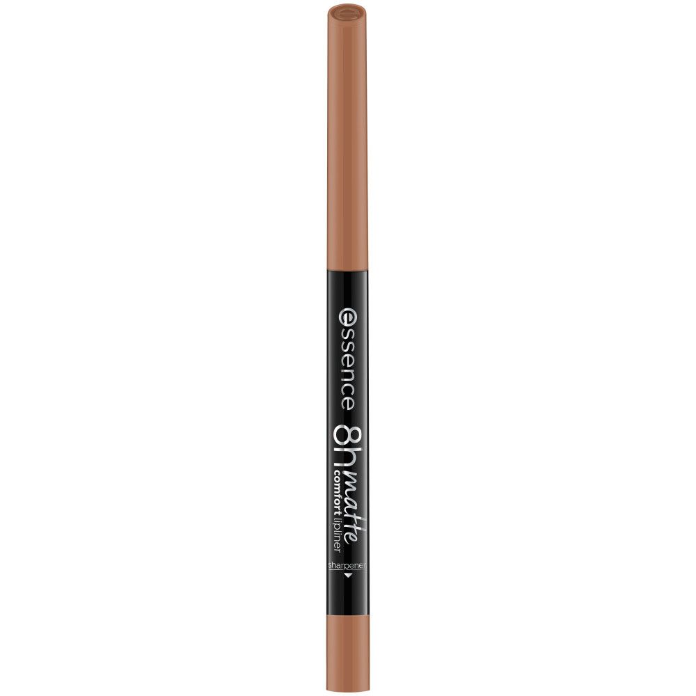 Lippenstiftstift mit schwarzem Gehäuse und brauner Mine. Aufschrift: essence 8h matte comfort liner.