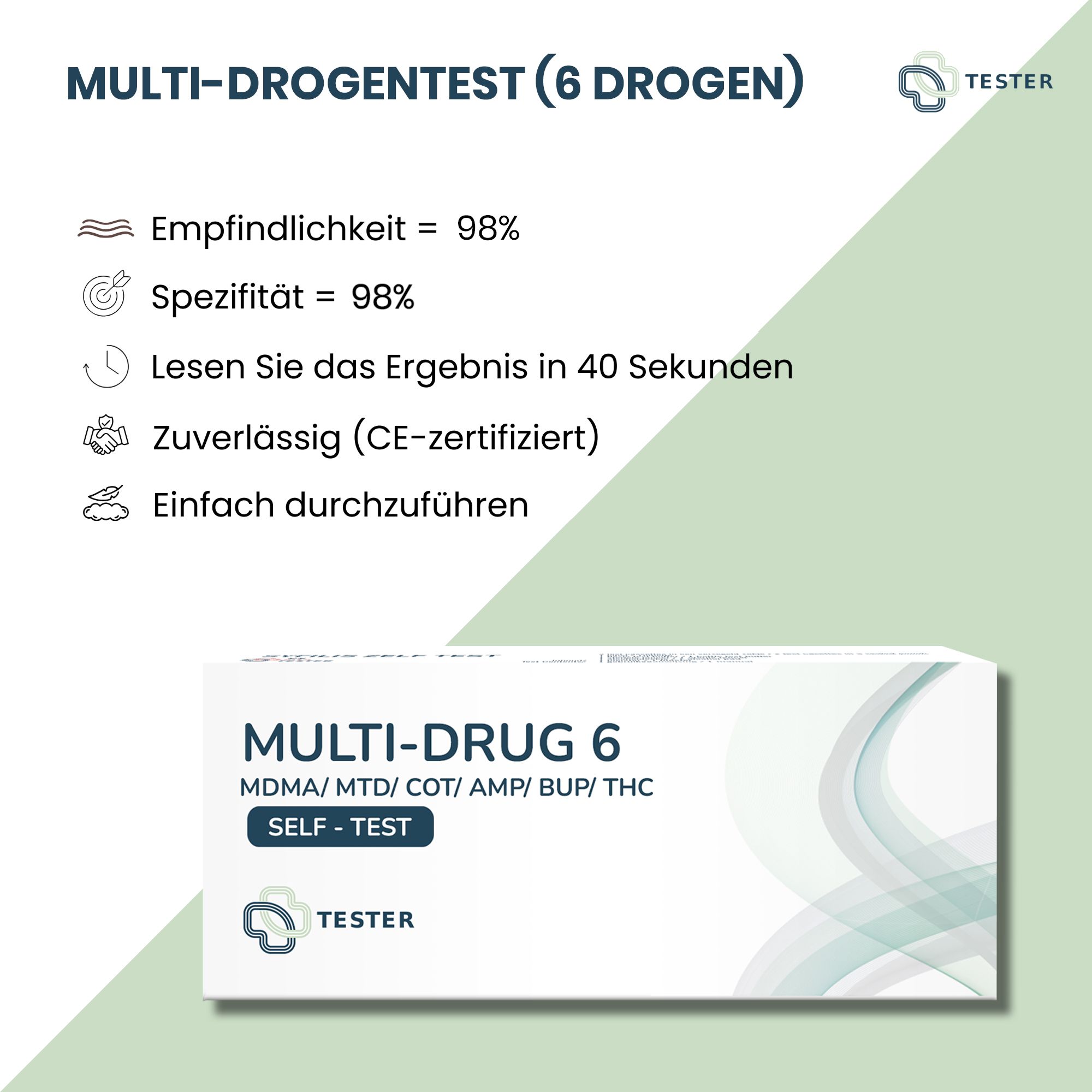 Multi-Drogentest (6 Drogen) mit Text: Empfindlichkeit = 98%, Spezifität = 98%, Ergebnis in 40 Sekunden, zuverlässig (CE-zertifiziert), einfach durchzuführen.