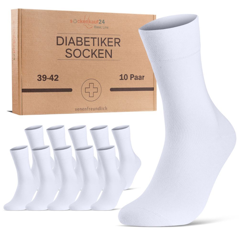 Weiße Socken, 10 Paar, in Kartonverpackung. Aufdruck: Diabetiker Socken, Größe 39-42, venenfreundlich.