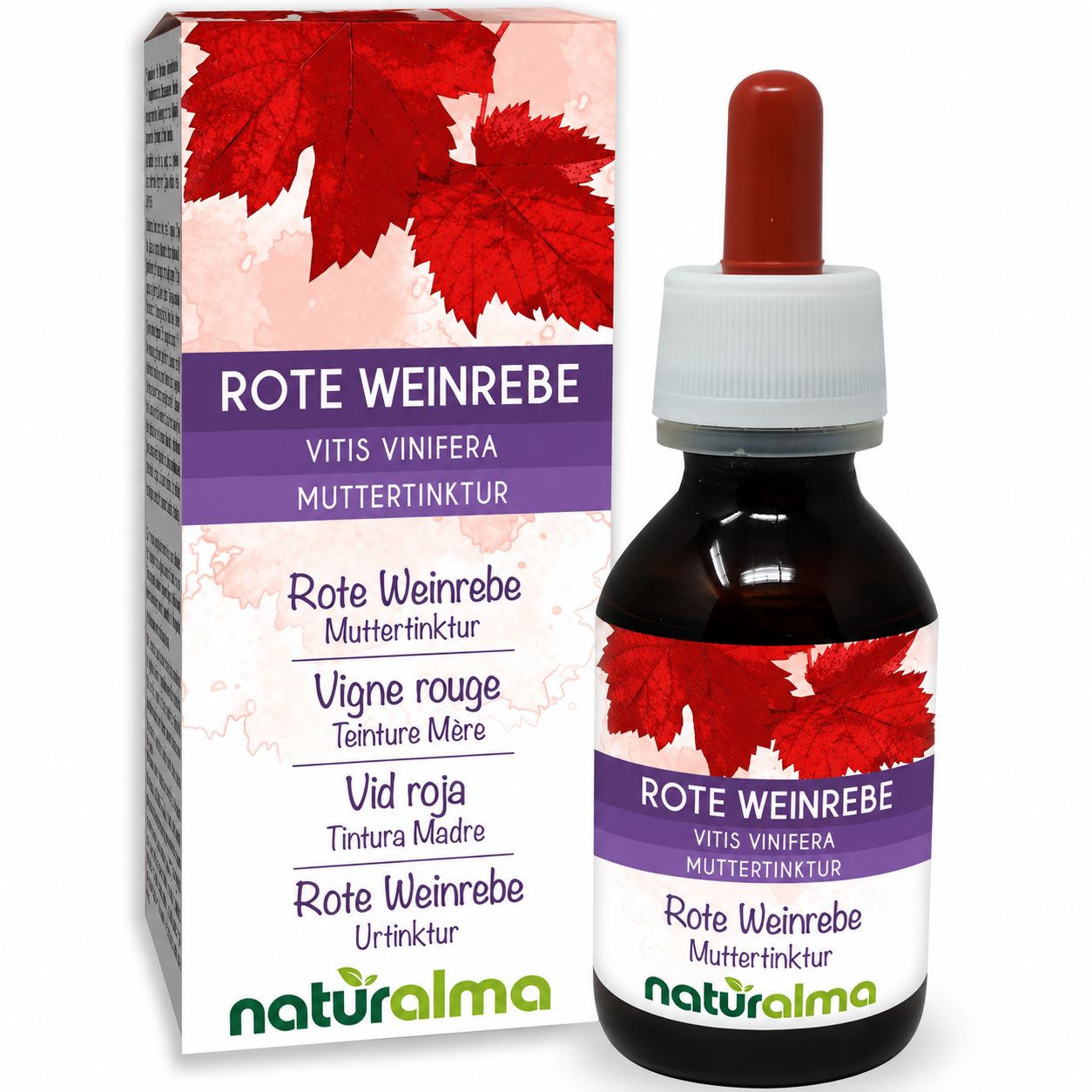 Flasche mit Pipette und Kartonverpackung für Rote Weinrebe Urtinktur von Naturalma.