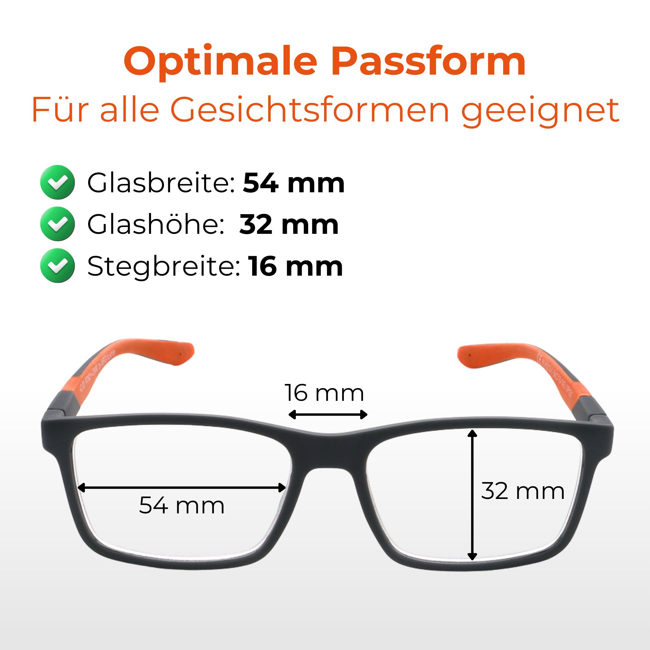 Brille mit schwarzem Rahmen und orangefarbenen Bügeln. Maße: Glasbreite 54 mm, Glashöhe 32 mm, Stegbreite 16 mm. Text: Optimale Passform, für alle Gesichtsformen geeignet.