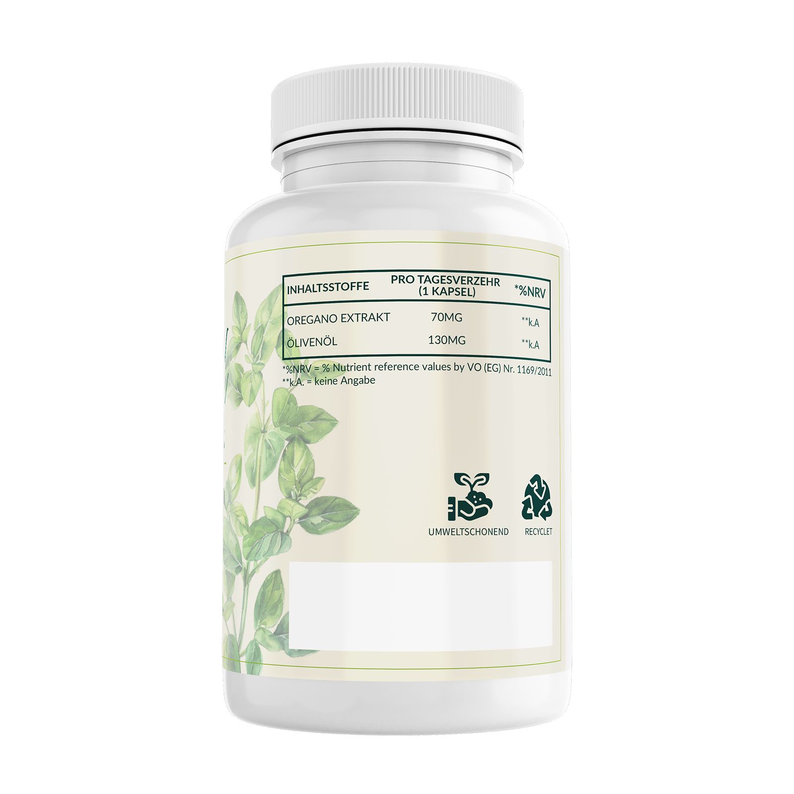 Weiße Flasche mit Etikett. Text: Inhaltsstoffe, Oregano Extrakt, Olivenöl. Umweltfreundlich und Recycling-Symbole. Oregano-Blatt-Illustration.