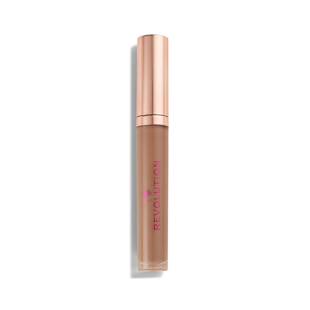 Geschlossener, brauner Lippenstift. Rosegoldfarbener Deckel. Produktname: I LOVE REVOLUTION.