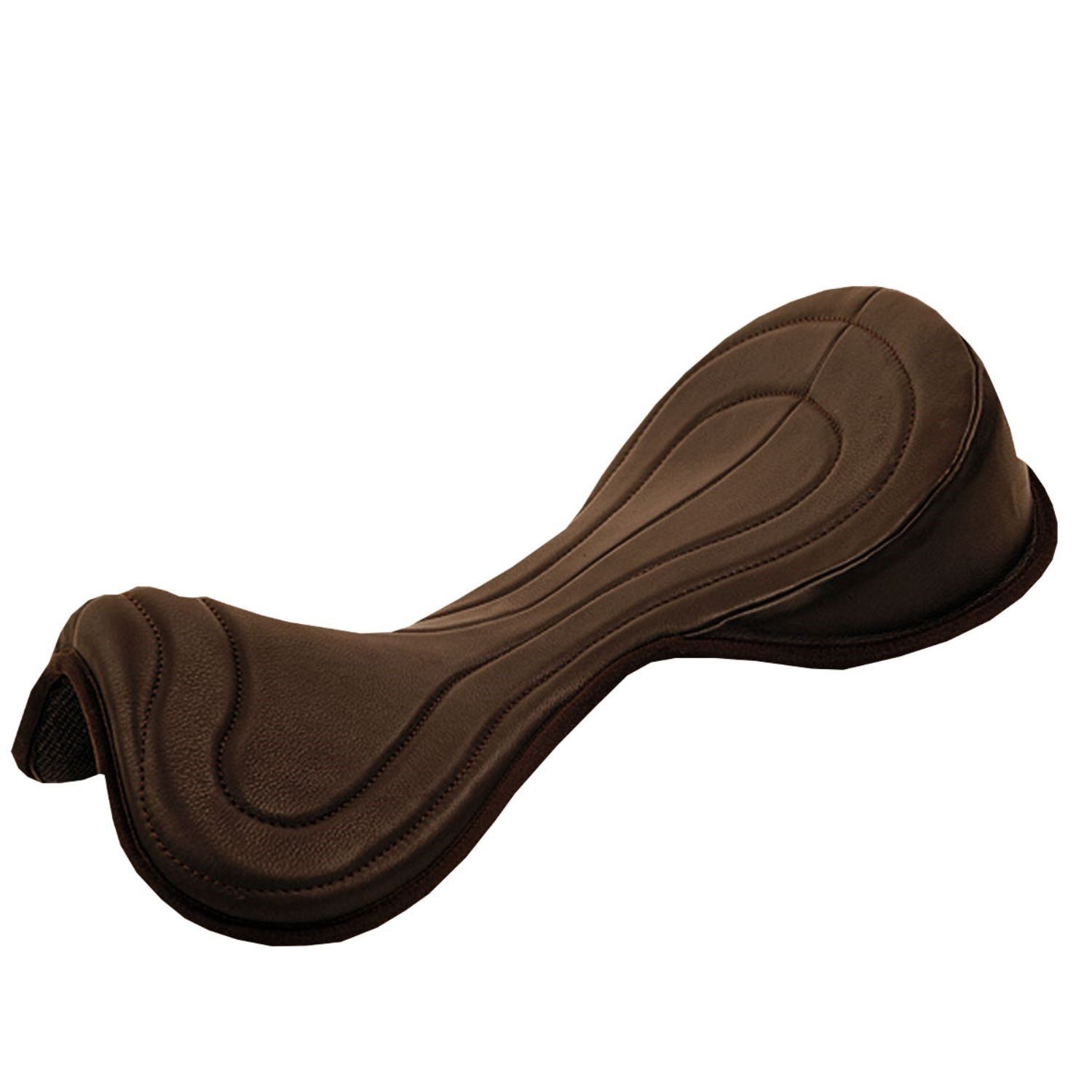 Brauner Sattelsitz, gepolstert, mit geschwungenem Design. Oberseite mit Steppnähten. Auf weißem Hintergrund.