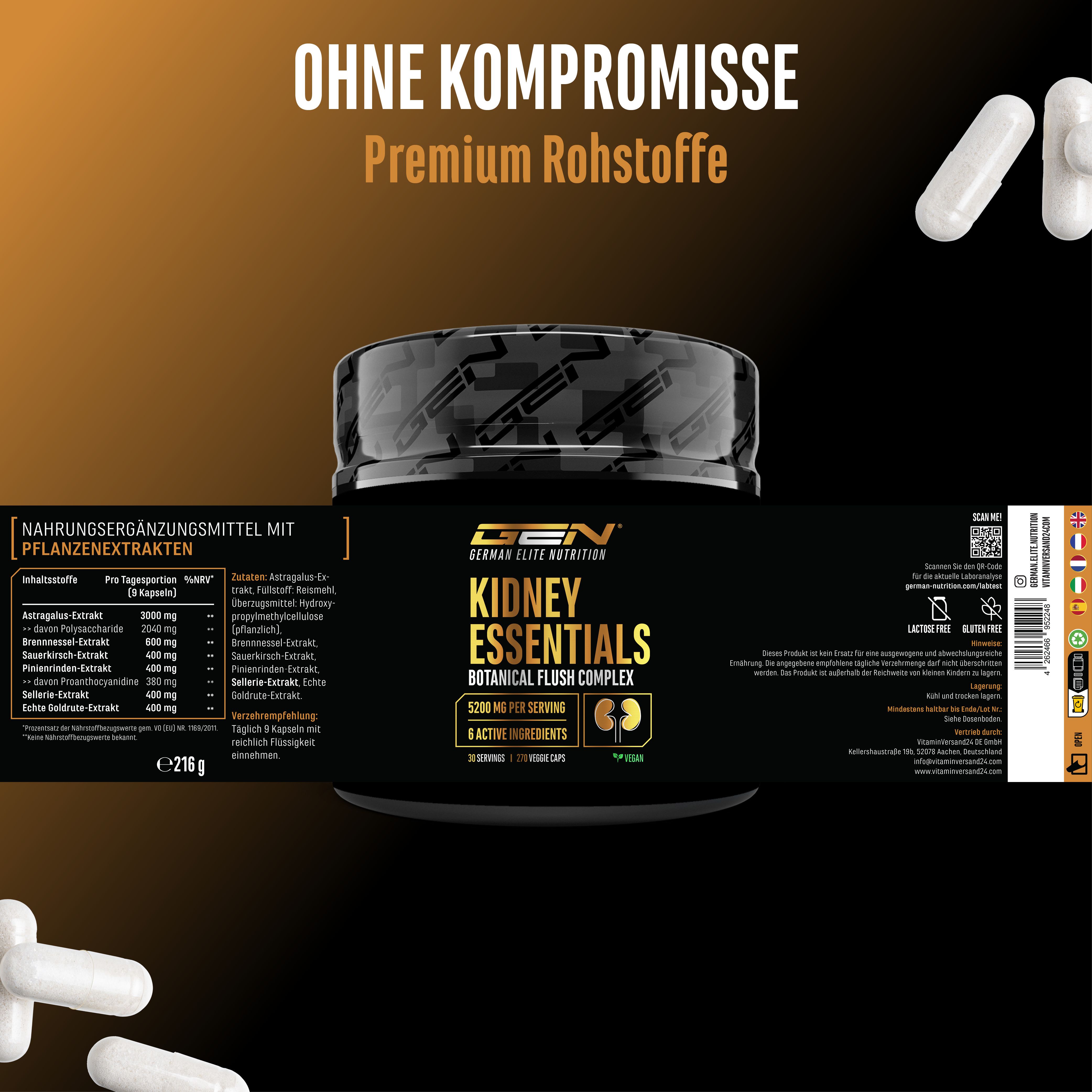 Schwarze Dose mit Produktetikett. Text: GEN Kidney Essentials, Botanical Flush Complex. Weiße Kapseln liegen daneben. Ohne Kompromisse.