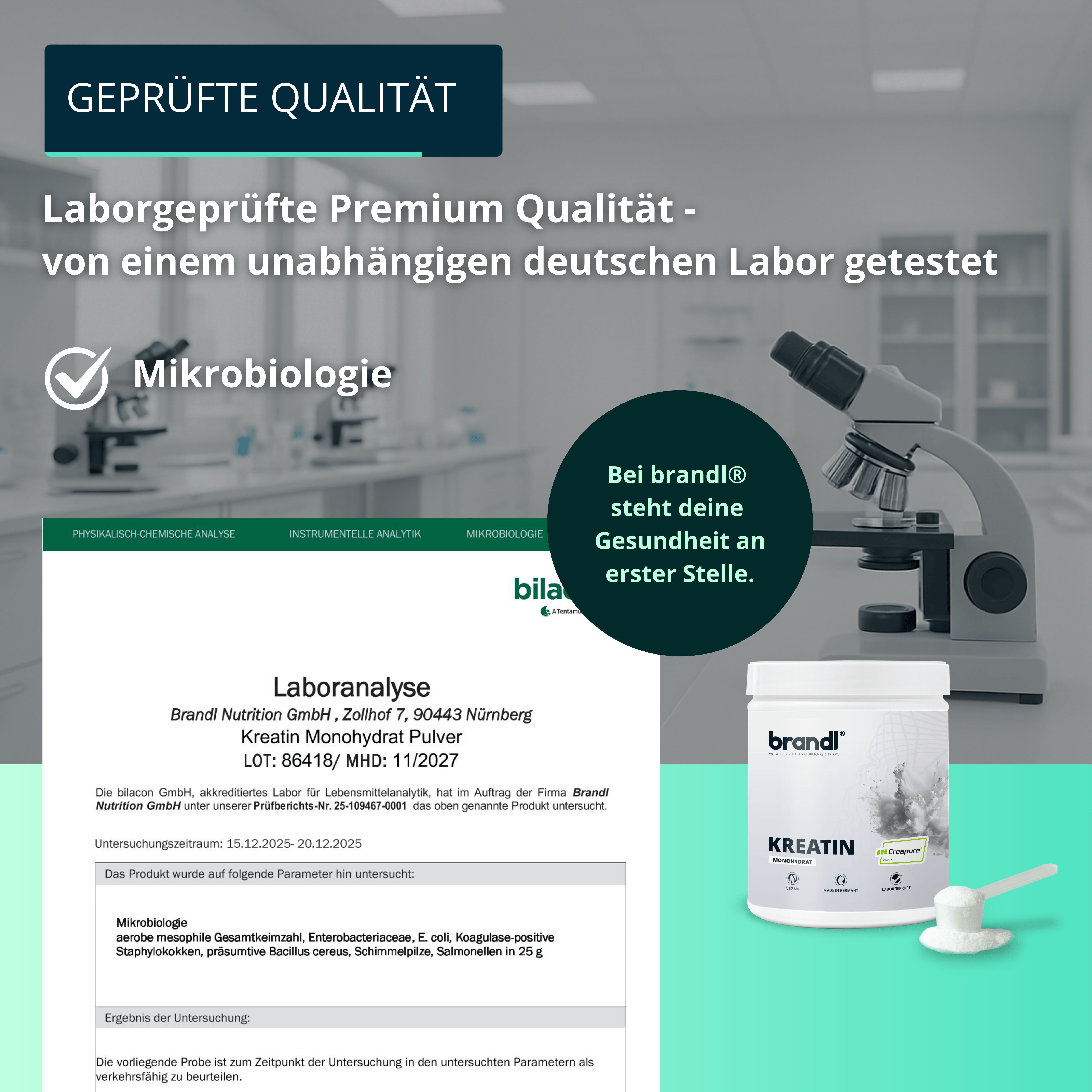 Laboranalyse, Mikroskop, Dose Kreatin. Text: Laborgeprüfte Premium Qualität. Dose mit Aufschrift: Kreatin. Logo. Text: Mikrobiologie.