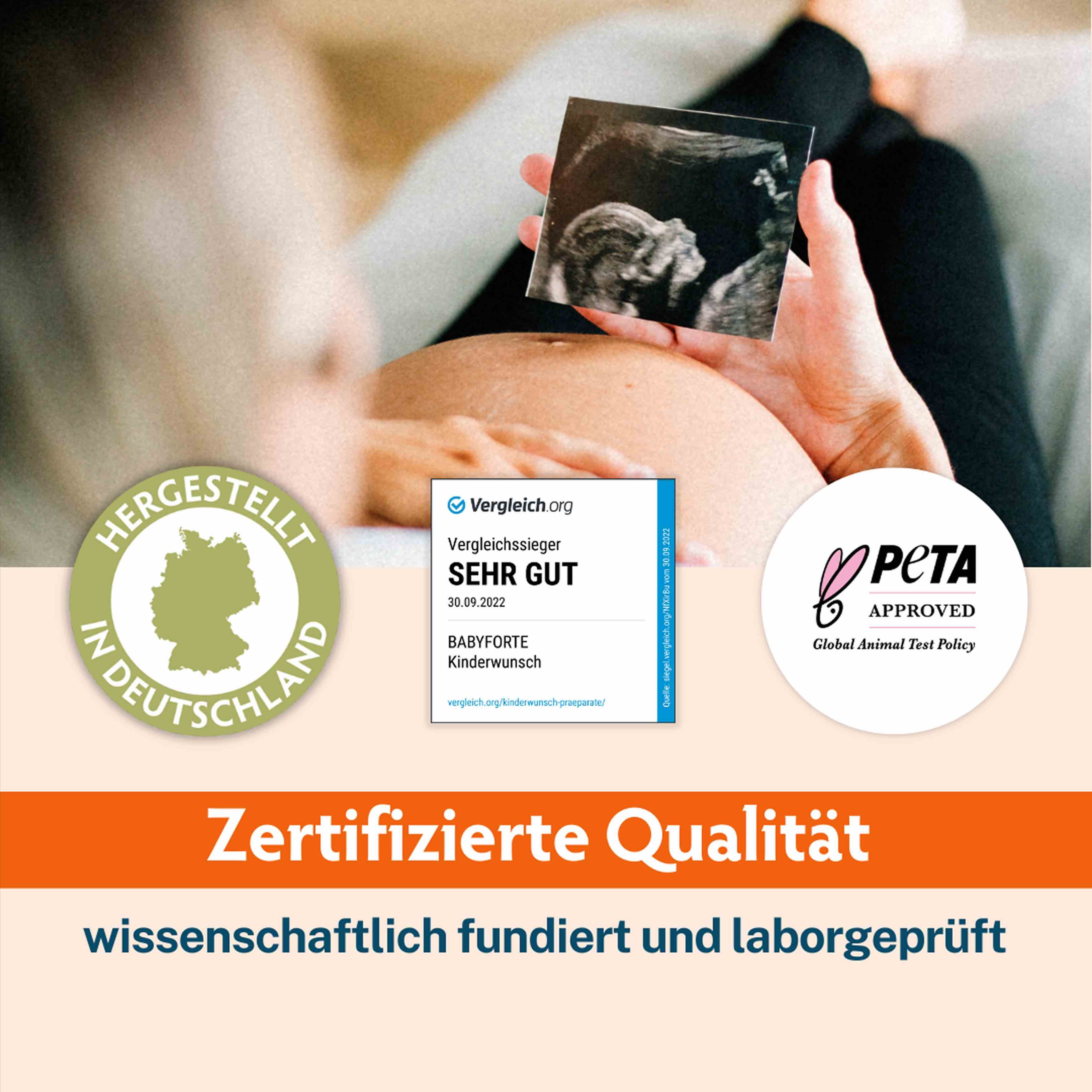 Schwangere Frau hält Ultraschallbild. Siegel: Hergestellt in Deutschland. Auszeichnung: Sehr Gut. PETA-Siegel. Zertifizierte Qualität.