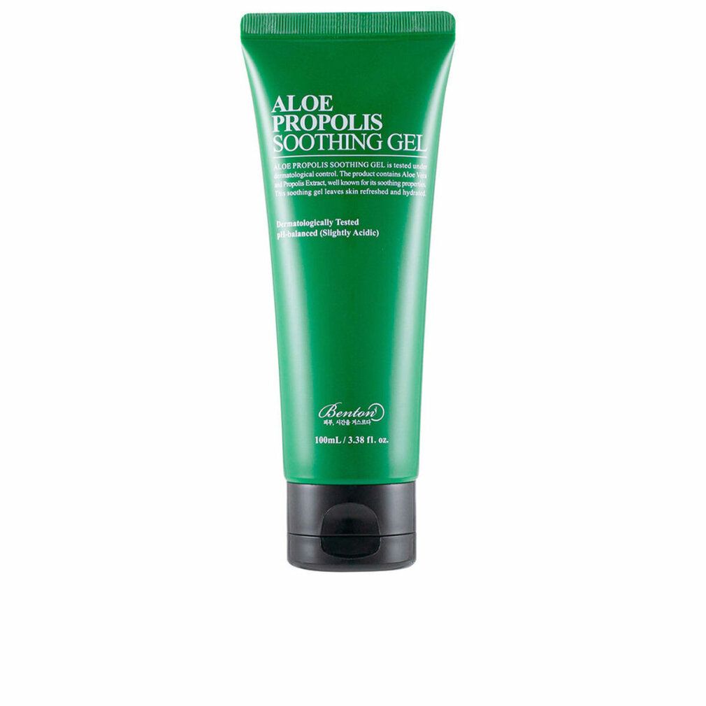 Grüne Tube mit schwarzem Deckel. Aufschrift: Aloe Propolis Soothing Gel. Marke Benton. Text: Dermatologisch getestet, pH-ausgewogen.