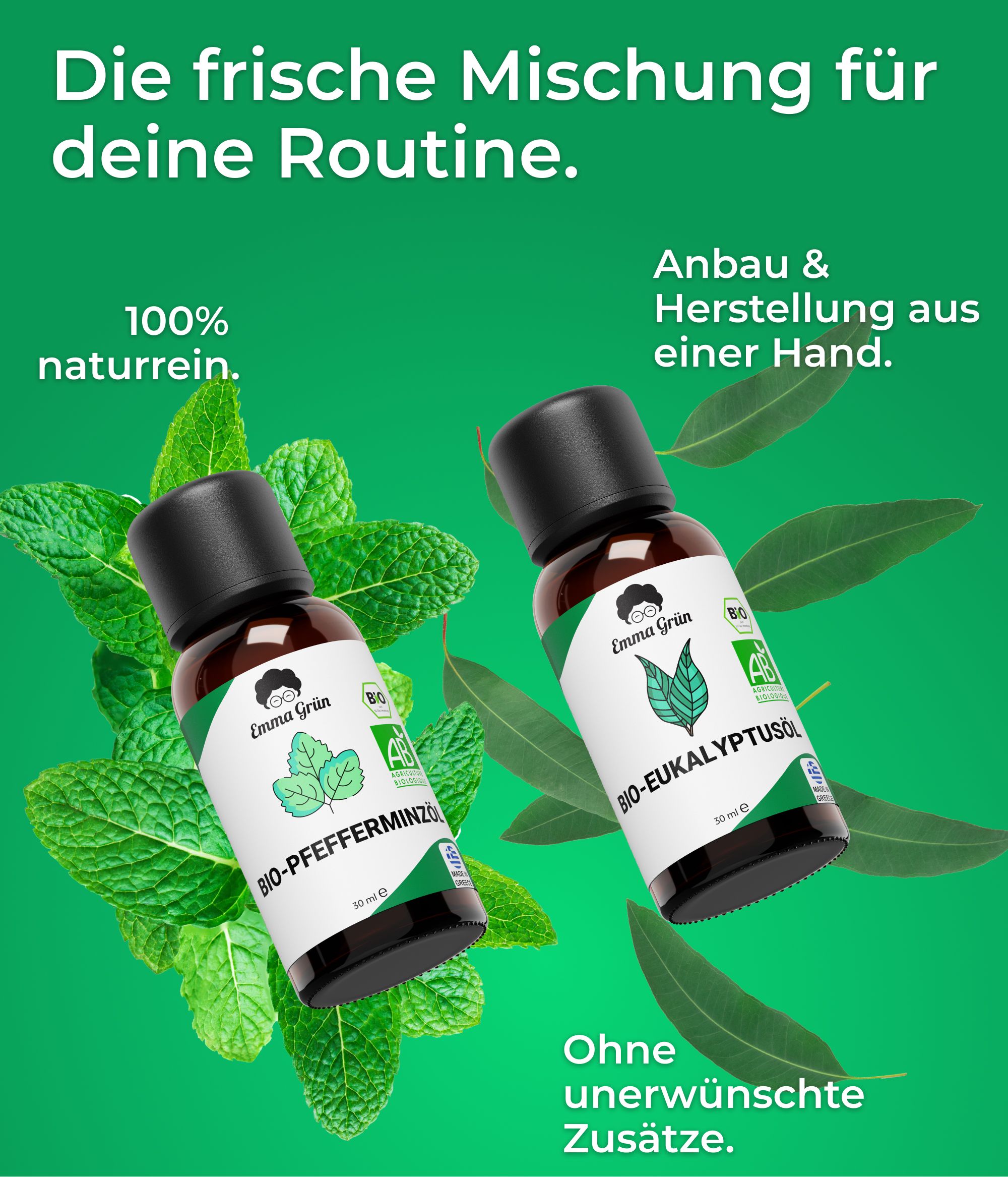 Zwei Flaschen mit Etiketten. Text: "Die frische Mischung für deine Routine". "100% naturrein". "Anbau & Herstellung aus einer Hand". "Ohne unerwünschte Zusätze".