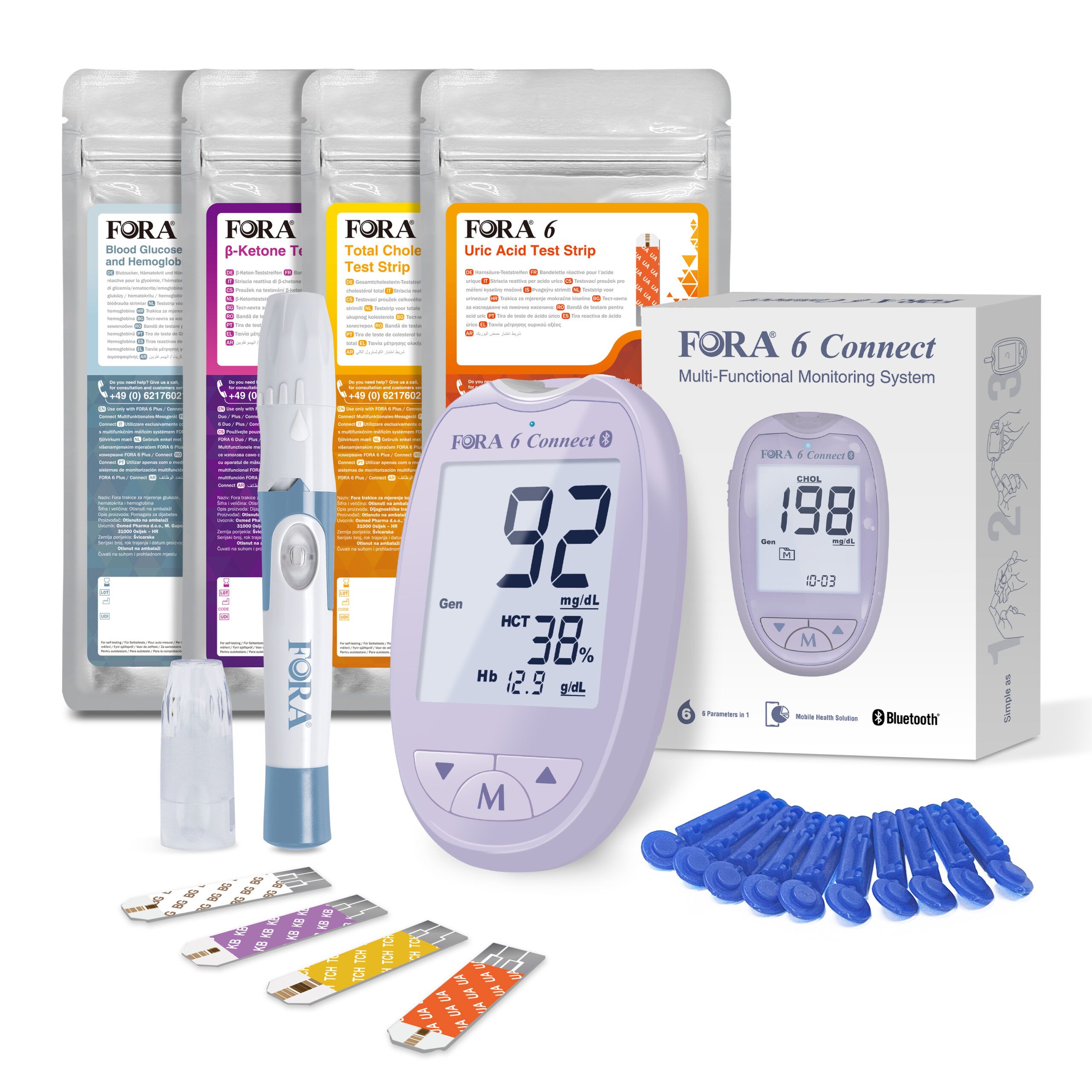 FORA 6 Connect Starter-Kit. Blutzuckermessgerät, Teststreifen, Stechhilfe, Lanzetten und Verpackungen. Lila Gerät mit Display. Mehrere Packungen Teststreifen.