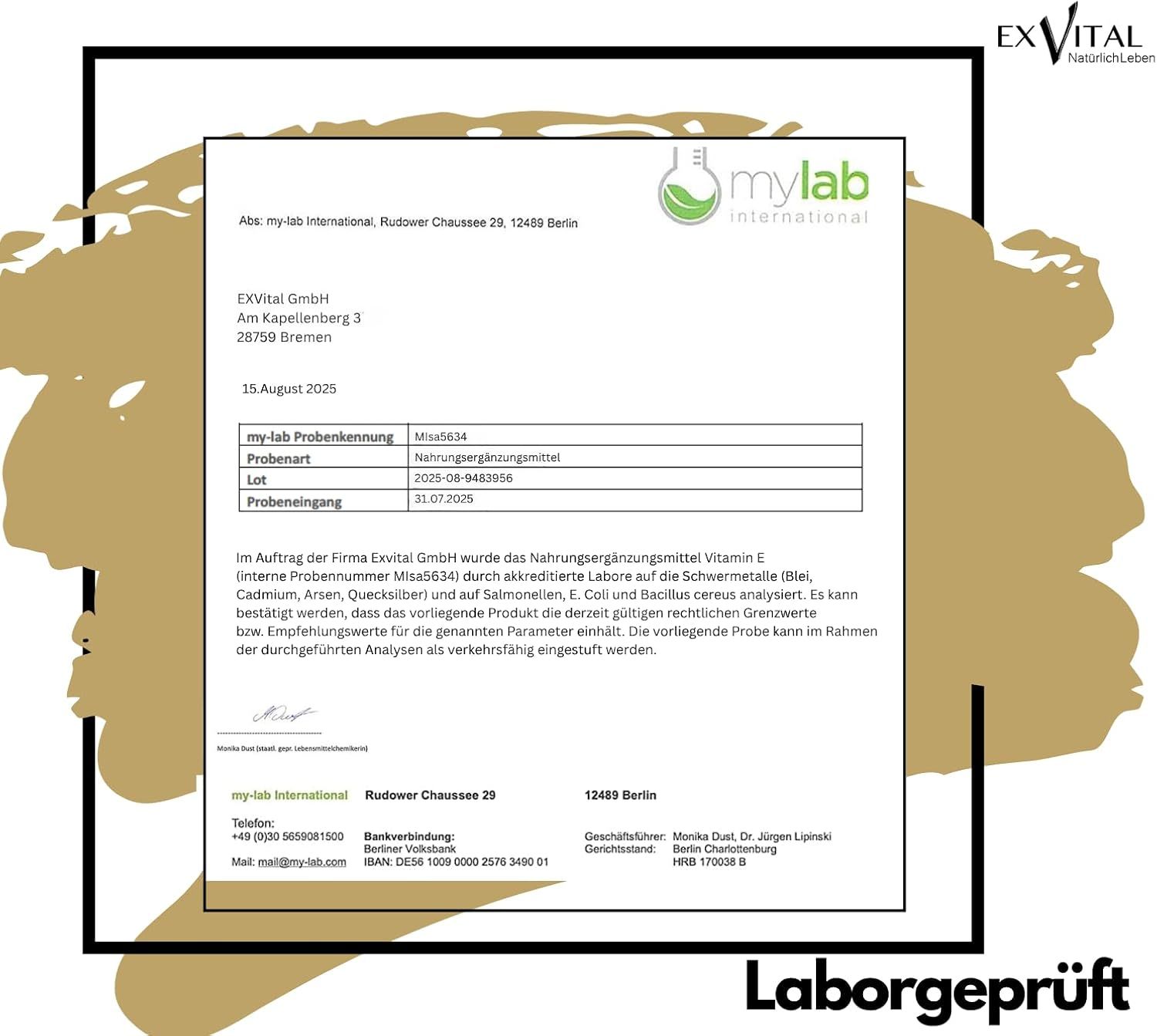 Laborbericht von mylab international. Bestätigung der Analyse von EXVital Vitamin E. Angaben zu Proben, Inhaltsstoffen und Ergebnissen.