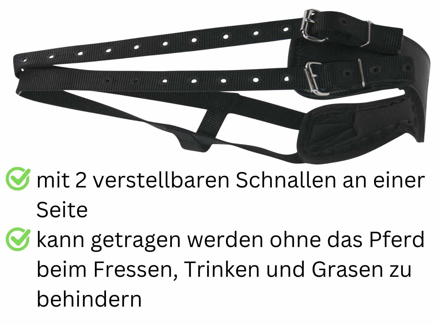 Schwarzer Kopperriemen mit zwei verstellbaren Schnallen. Text: mit 2 verstellbaren Schnallen, kann getragen werden ohne das Pferd beim Fressen zu behindern.