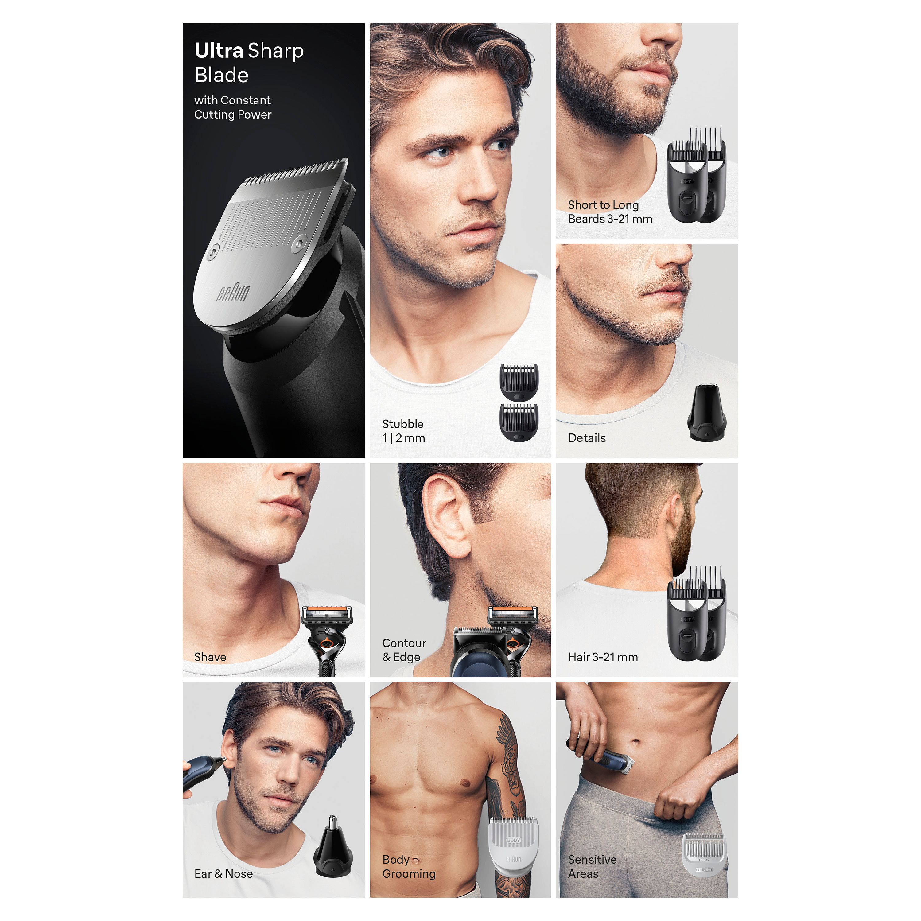 Braun MGK7421. Verschiedene Anwendungen. Rasieren, Konturieren, Haare trimmen, Bart trimmen, Ohr- und Nasenhaare trimmen, Körperpflege, empfindliche Bereiche.