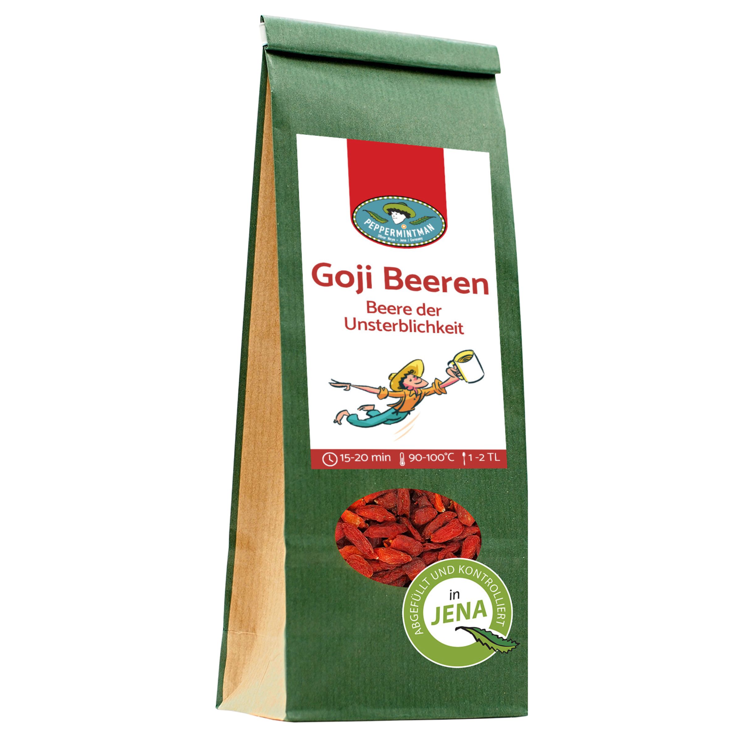 Grüne Papiertüte mit Goji-Beeren. Aufdruck: PEPPERMINTMAN, Goji-Beeren, Illustration, roter Streifen, Produktabbildung, Text.