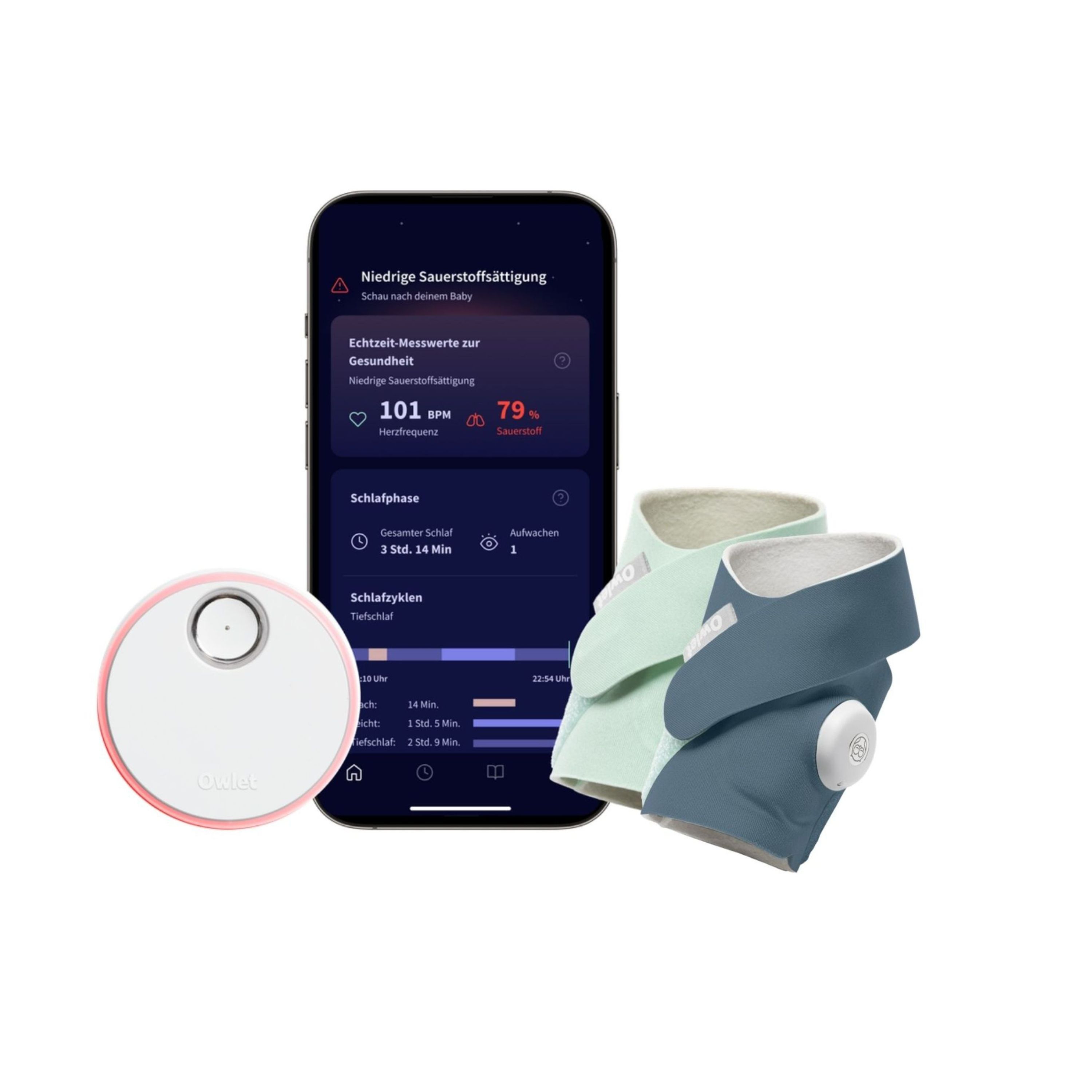 Owlet Dream Sock mit Ersatzsocken und Smartphone-App, die Vitaldaten anzeigt.