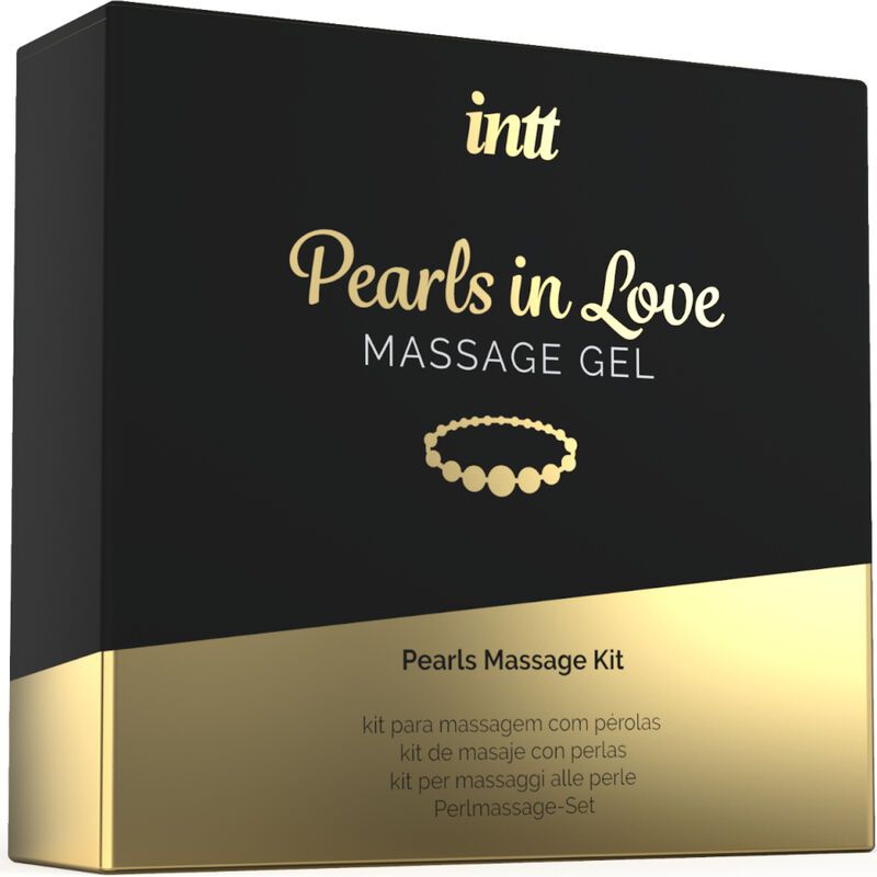 Schwarze Box mit goldfarbenem Streifen. Aufschrift: intt, Pearls in Love Massage Gel. Untertitel: Pearls Massage Kit.