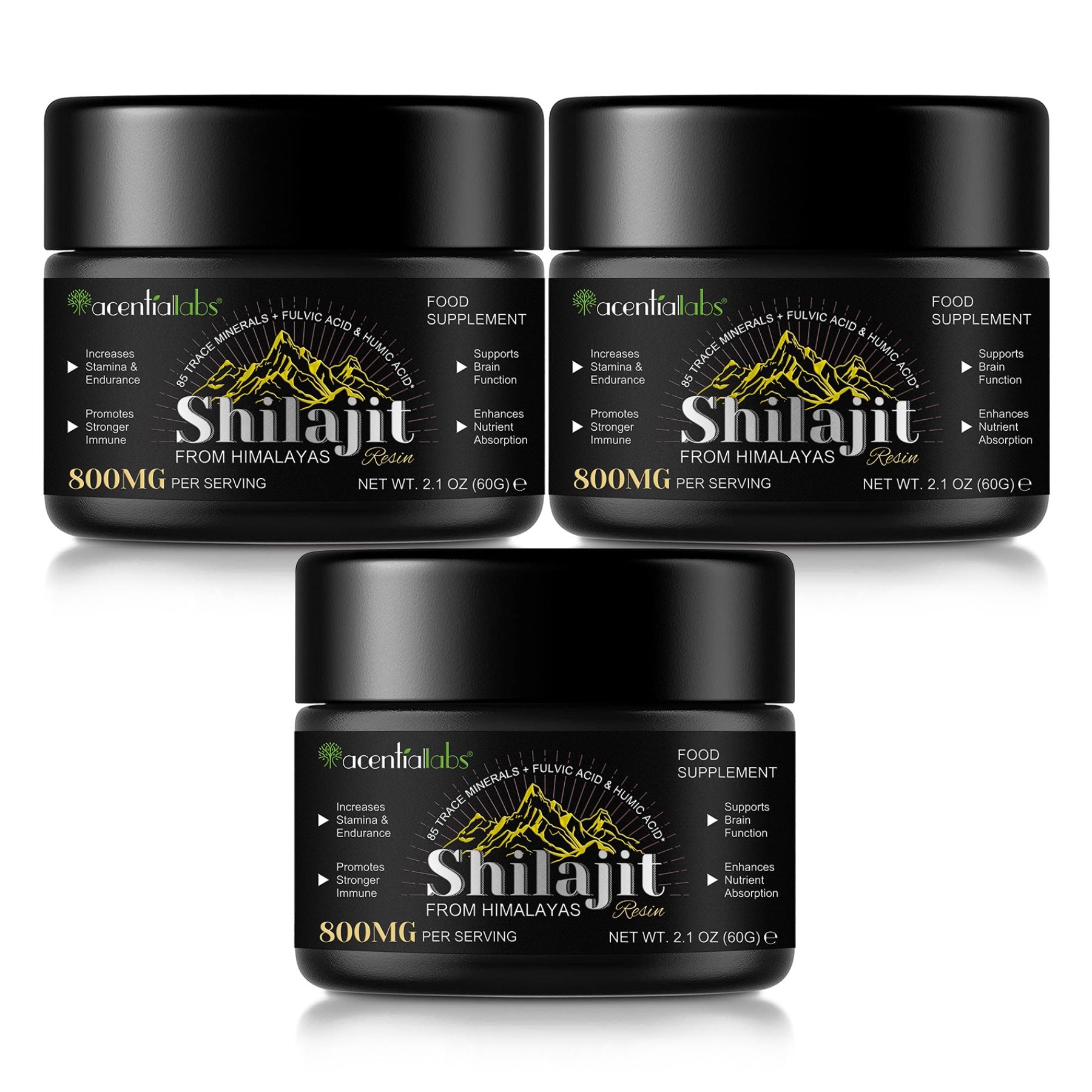 Drei schwarze Gläser mit Shilajit. Text: 800mg pro Portion, 85+ Spurenelemente. Produktname: Shilajit from Himalayas.