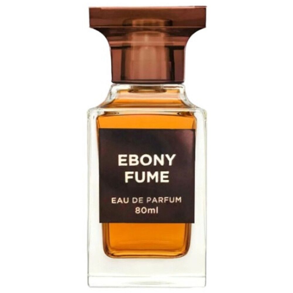 Parfümflasche mit braunem Verschluss und Etikett "EBONY FUME". Flüssigkeit sichtbar. 80ml.