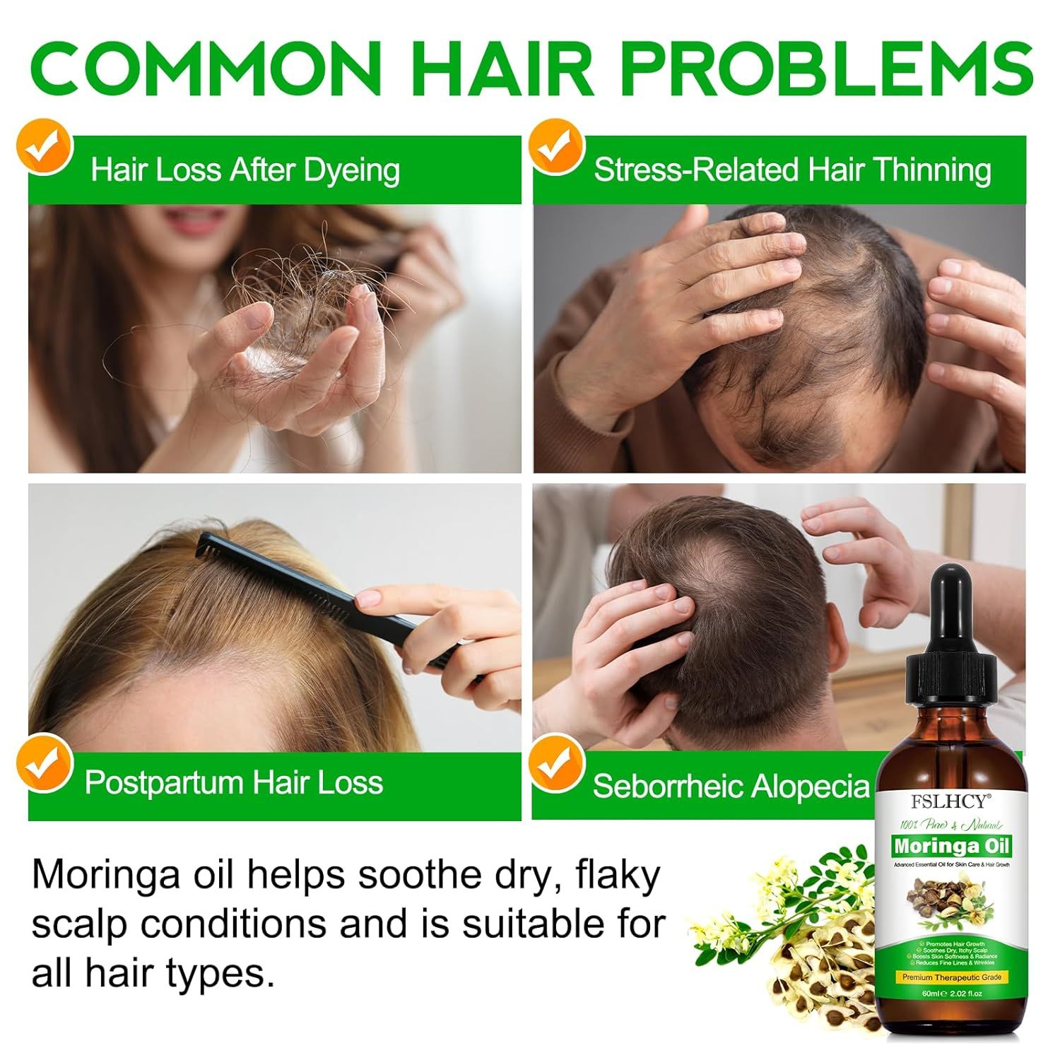 Braune Glasflasche mit Pipette, Moringa Öl, Abbildungen von Haarproblemen. Aufschrift: Common Hair Problems.