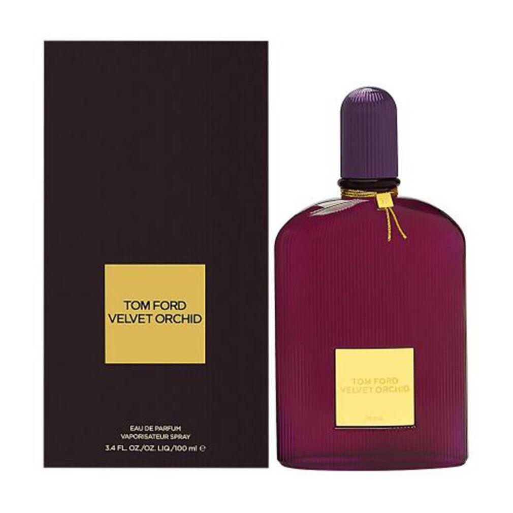 Dunkelviolette Flasche mit goldfarbenem Etikett und Verschluss. Schwarze Verpackung mit goldenem Logo. Text: Tom Ford Velvet Orchid.