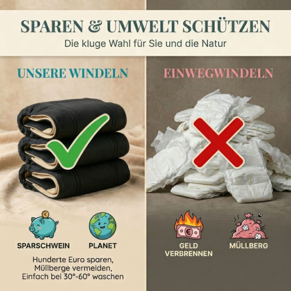 Vergleich: Windeln vs. Einwegwindeln. Windeln mit grünem Haken, Einwegwindeln mit rotem Kreuz.
