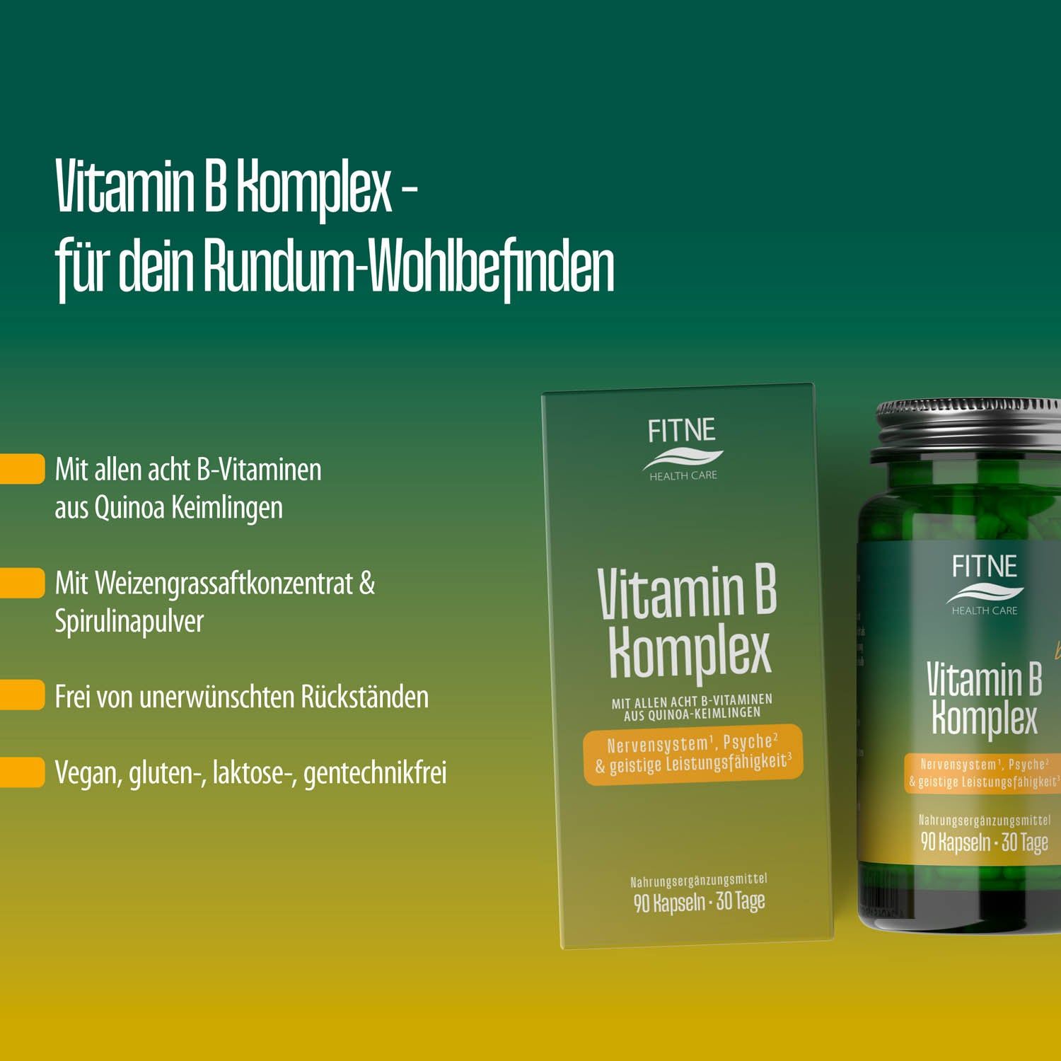 FITNE Vitamin B Komplex Kapseln. Verpackung und Flasche. Enthält acht B-Vitamine aus Quinoa-Keimlingen. Vegan, gluten-, laktose-, gentechnikfrei.