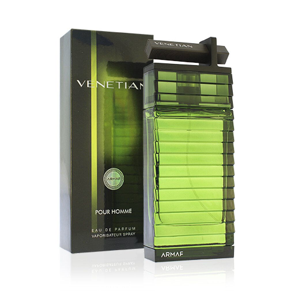 Grüne Glasflasche mit schwarzer Verpackung. Aufschrift 'Venetian' und 'Armaf'. Eau de Parfum Spray.