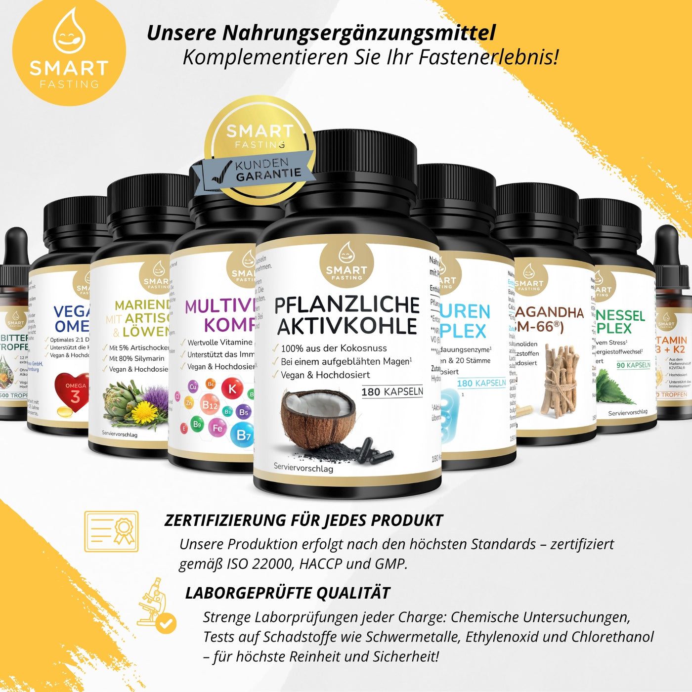 Mehrere Flaschen mit verschiedenen Nahrungsergänzungsmitteln. Aufschrift: Pflanzliche Aktivkohle, 180 Kapseln.