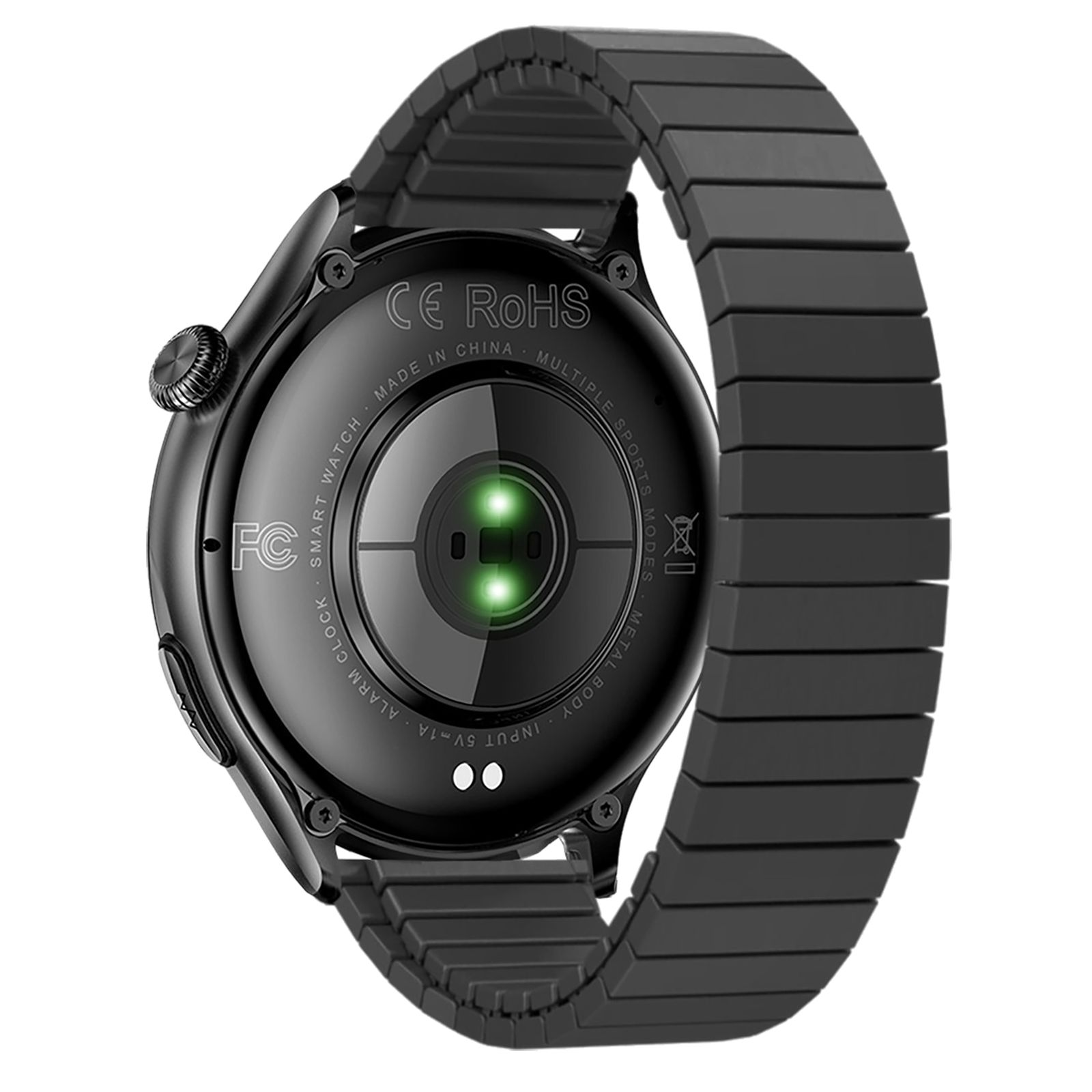 Rückseite der Knauermann PRO 4 Smartwatch mit Herzfrequenzsensor und Zertifizierungen.
