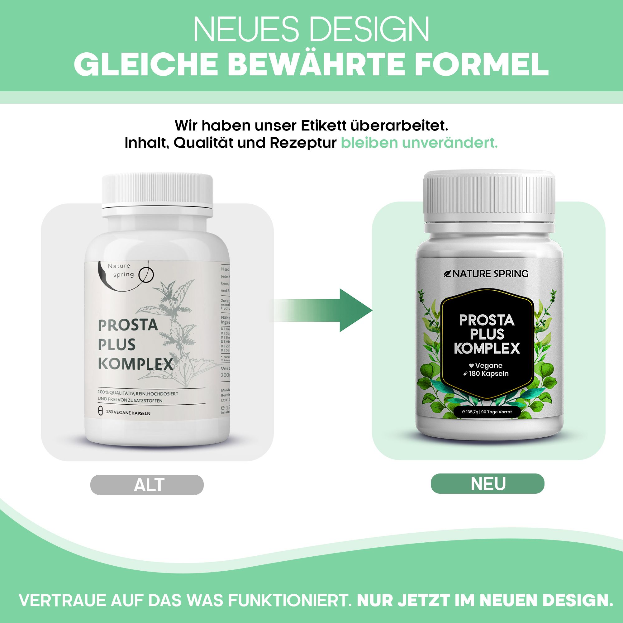 Vergleich: Alte und neue Verpackung von Nature Spring Prosta Plus Komplex Kapseln.