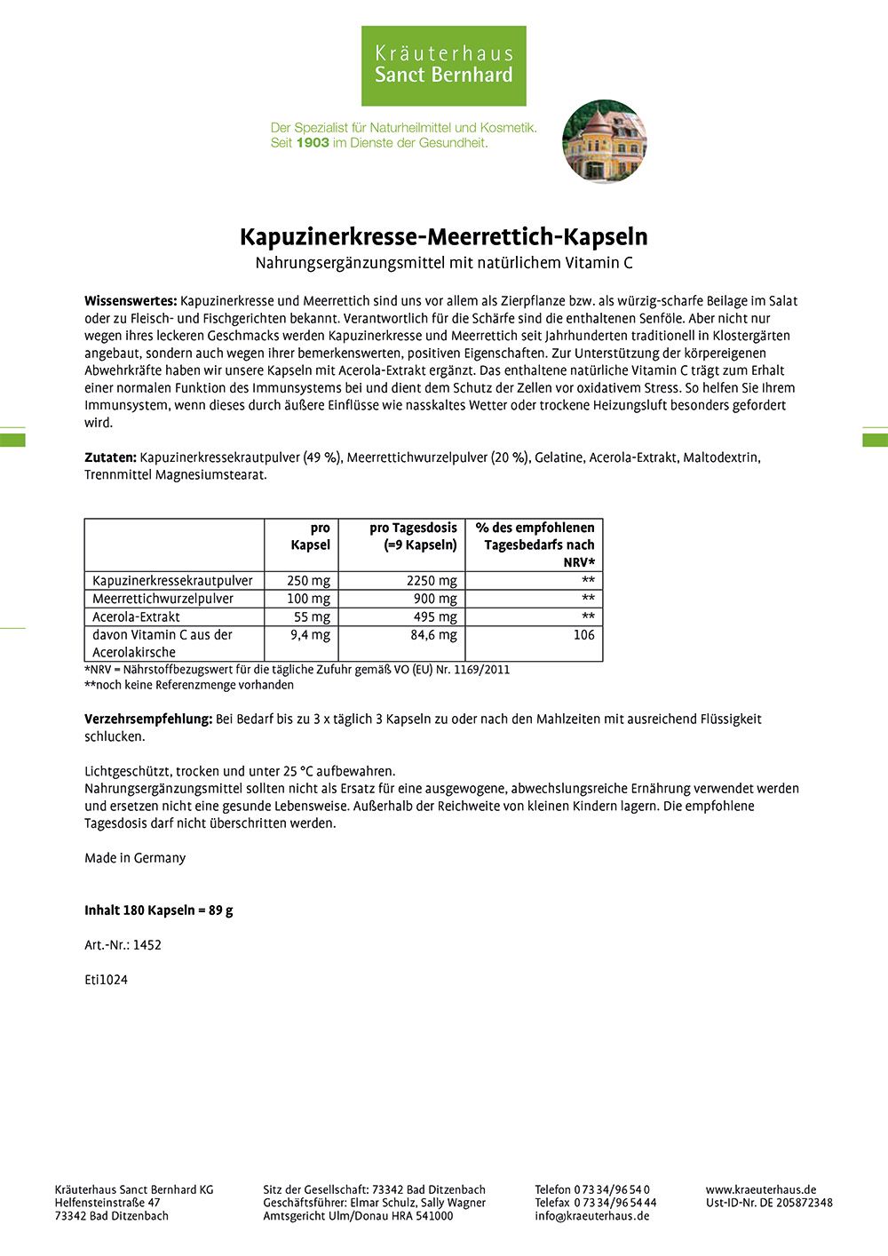 Textdokument mit Informationen zu Kapuzinerkresse-Meerrettich-Kapseln. Enthält Zutaten, Nährwertangaben und Verzehrempfehlungen.