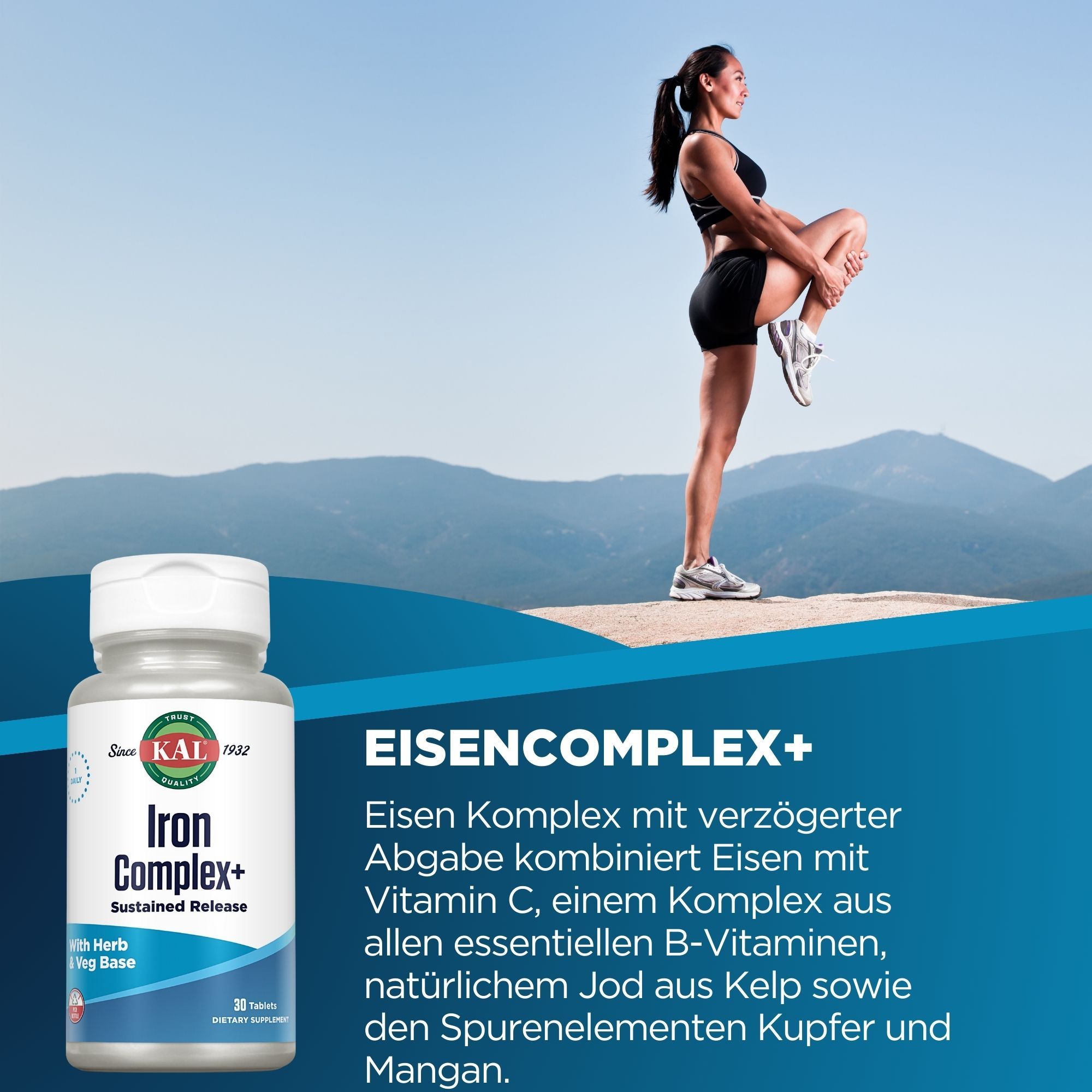 Eine Frau dehnt sich neben einer Flasche KAL Iron Complex+. Die Flasche zeigt das Produkt und den Markennamen.