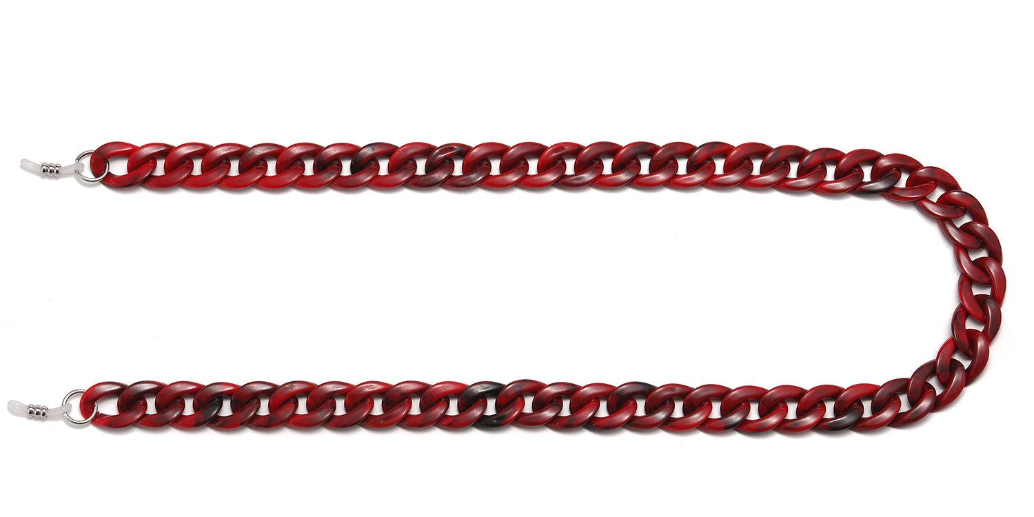 Brillenkette, rot-braune Kettenglieder, Metallösen. Für Brillen. Auf weißem Hintergrund.