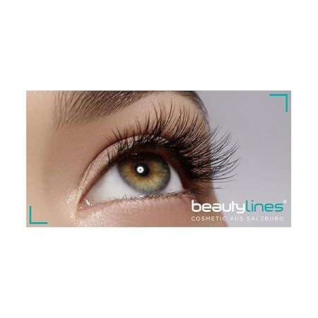 Auge mit Wimpern. Text: Beautylines Cosmetic aus Salzburg. Grüner Augenhintergrund.