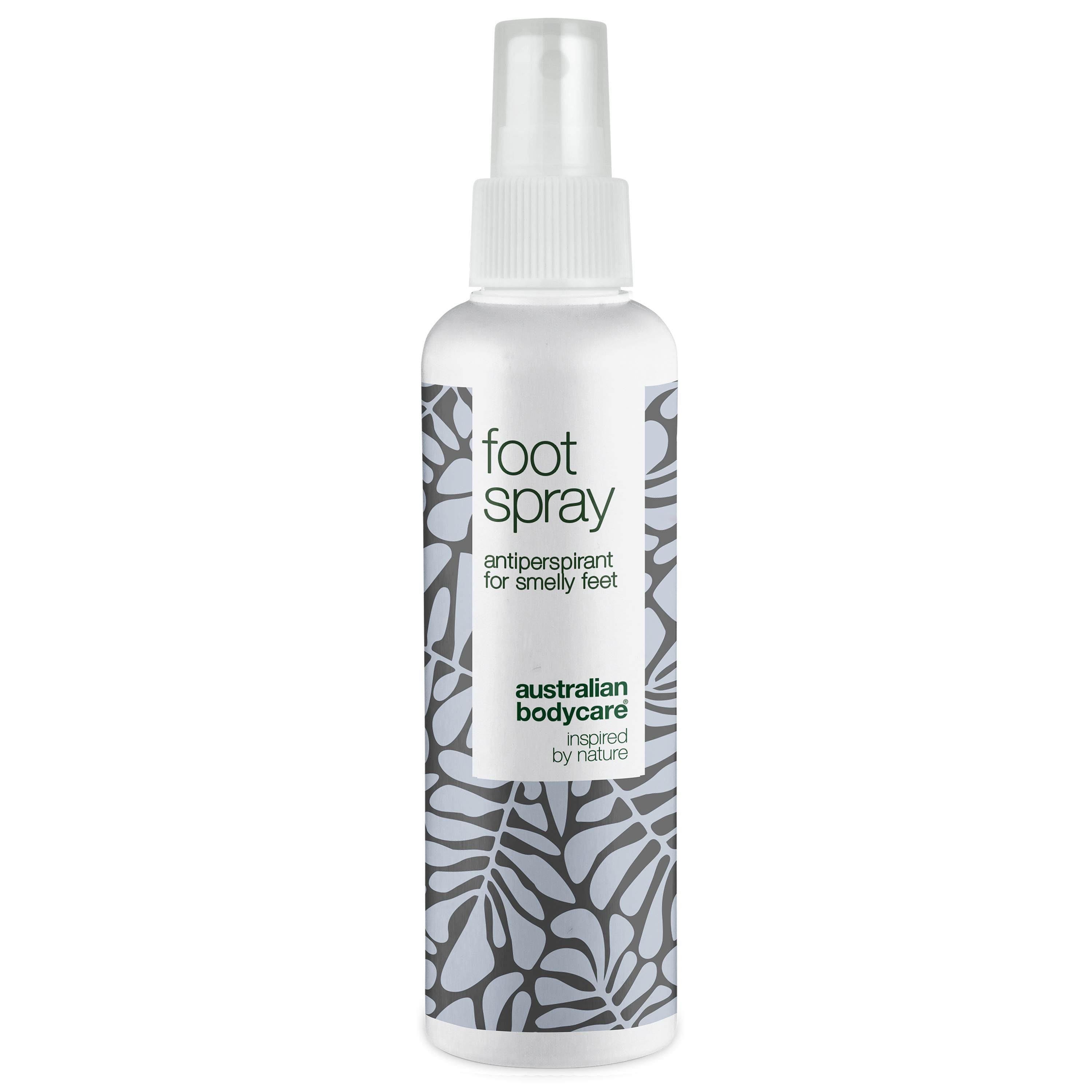 Fußspray-Flasche, weiß mit floralem Muster. Text: foot spray, antiperspirant for smelly feet, Australian Bodycare.