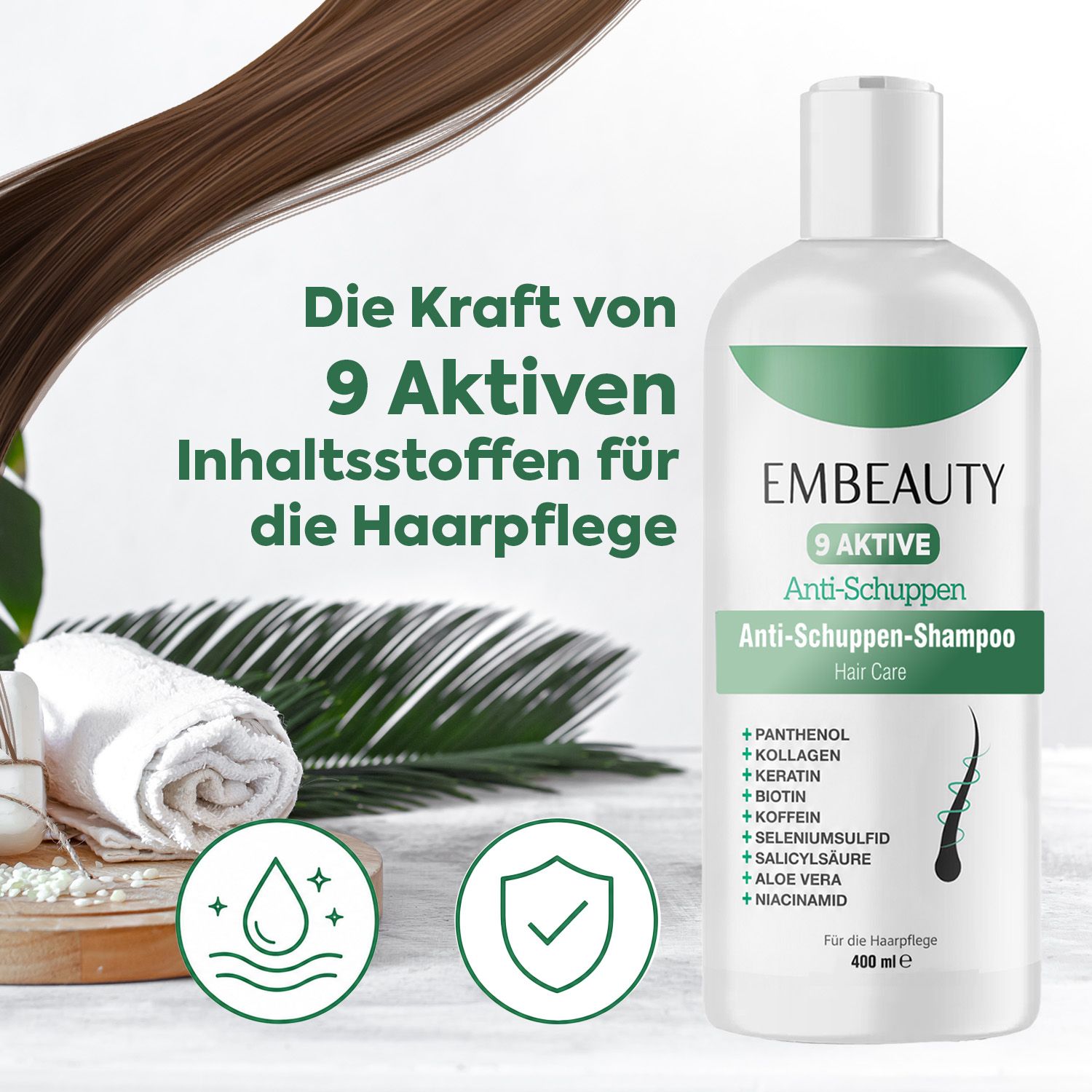 Embeauty Anti-Schuppen-Shampoo mit 9 aktiven Inhaltsstoffen, 400 ml.