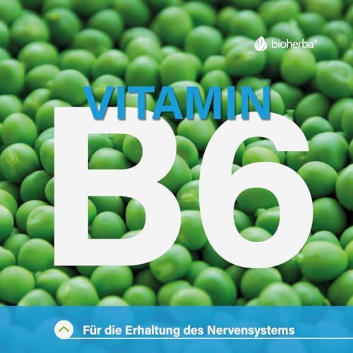 Hintergrund aus grünen Erbsen. Großer weißer Text: VITAMIN B6. Text: Für die Erhaltung des Nervensystems. Bioherba-Logo.