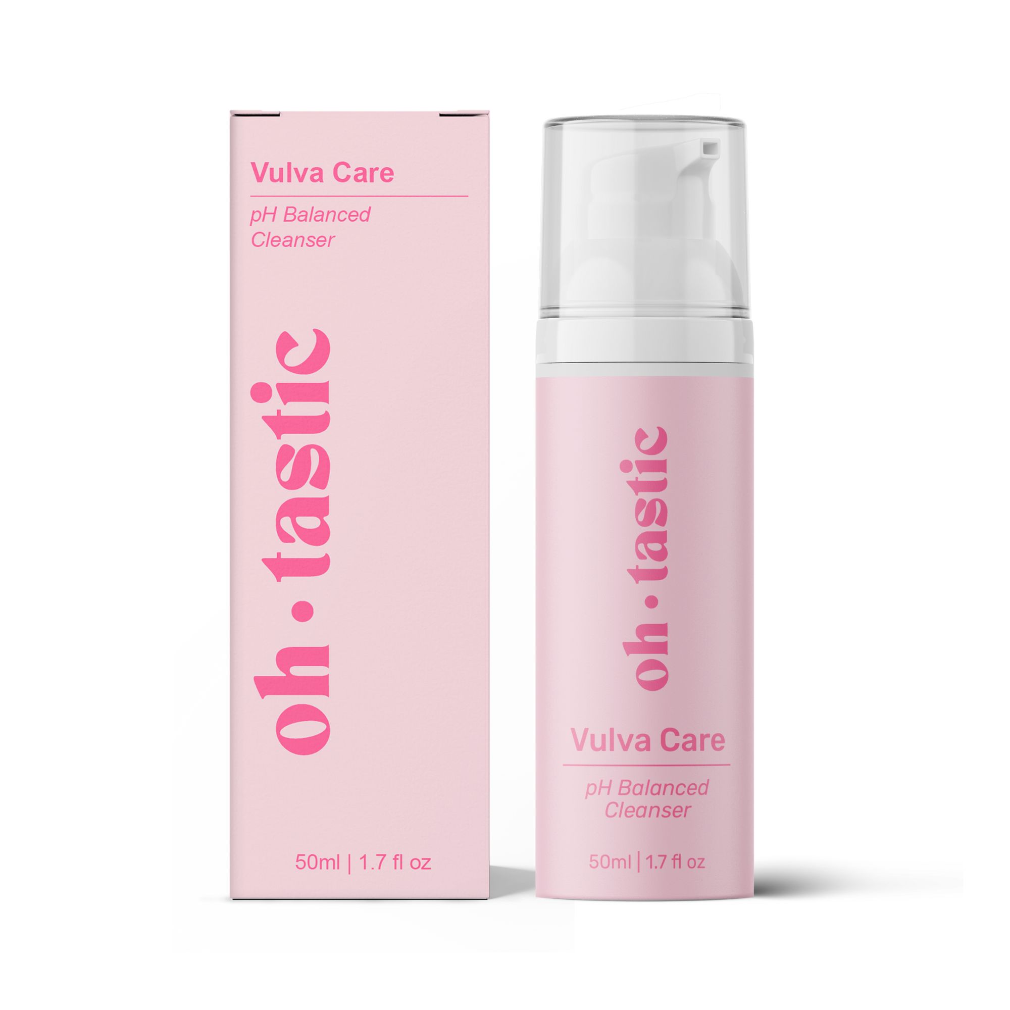 Rosa Flasche und Verpackung mit "oh.tastic"-Logo. "Vulva Care pH Balanced Cleanser"-Text. 50ml/1.7 fl oz.
