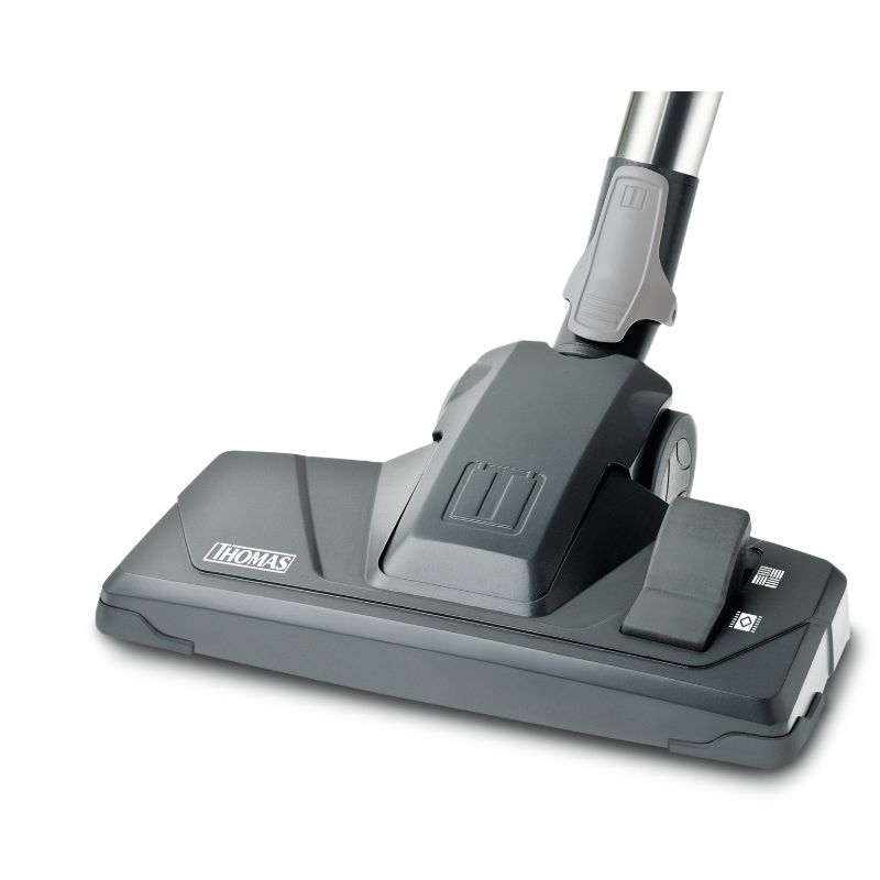 Graue Staubsaugerdüse mit THOMAS-Logo. Rechteckige Form. Schwarze Elemente.