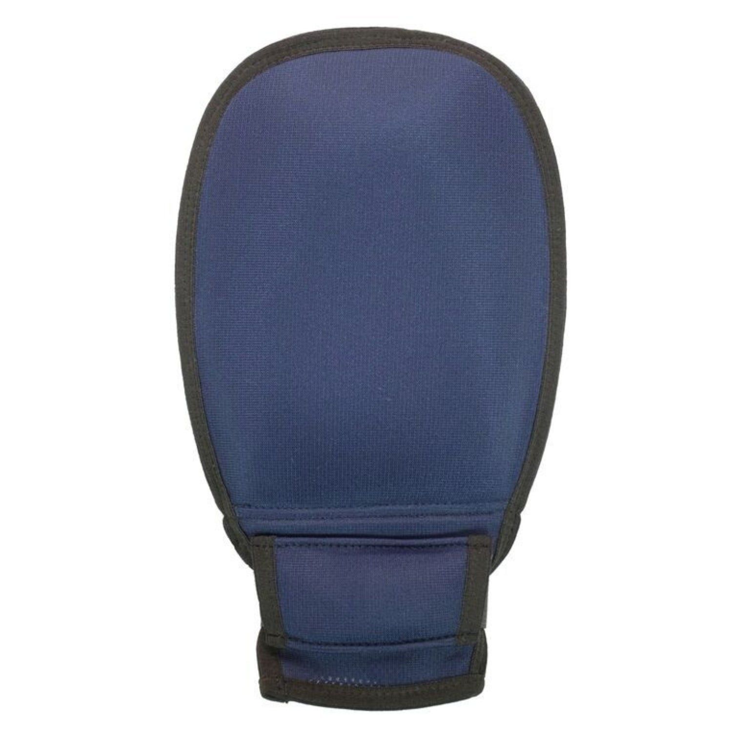 Blauer Handschuh mit schwarzem Rand und schwarzem Handgelenkband.