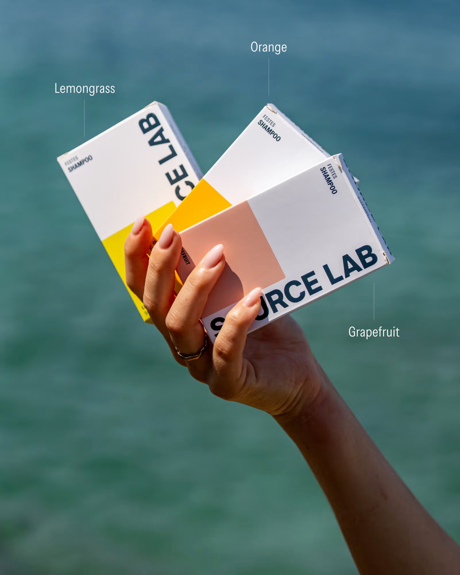 Drei Source Lab feste Shampoos in der Hand: Lemongrass, Orange, Grapefruit.