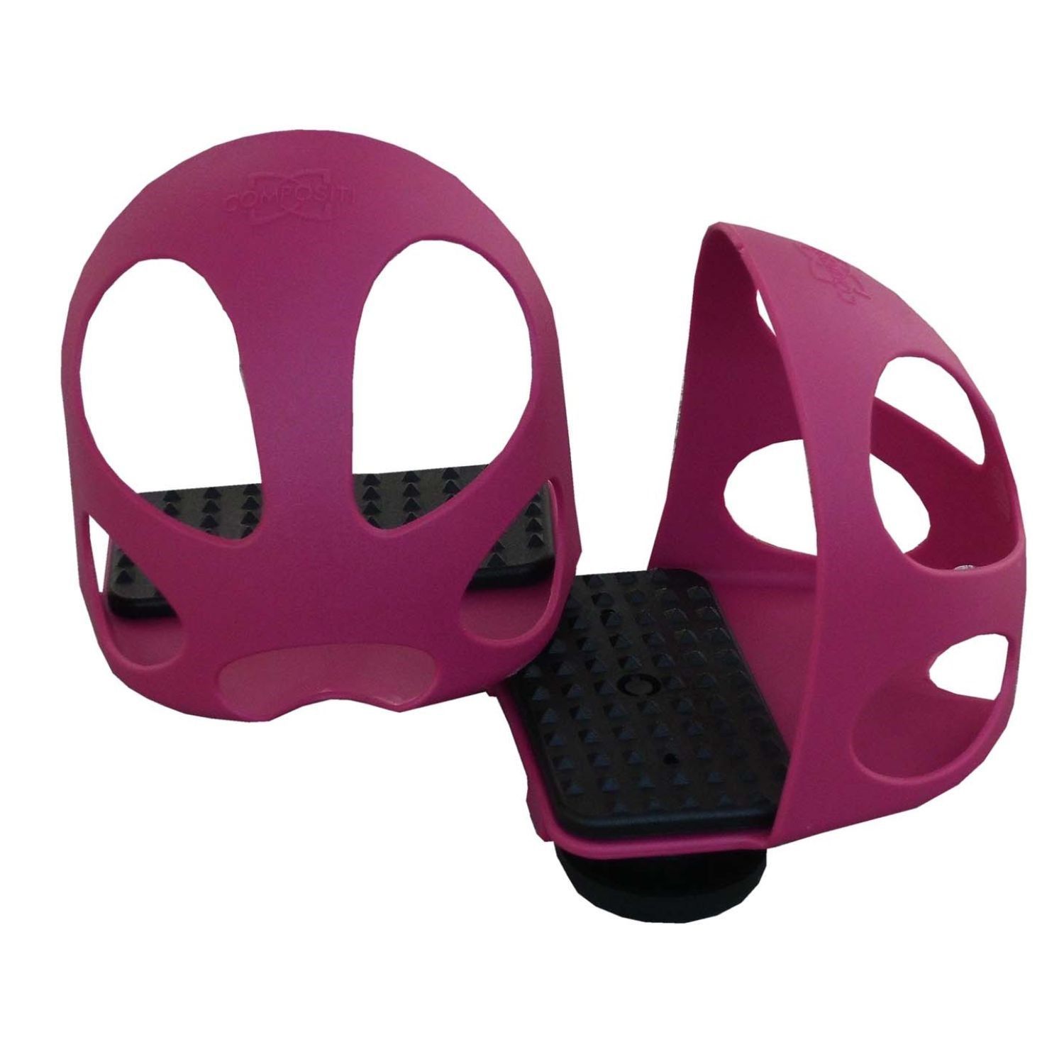 Zwei rosa Steigbügeleinlagen. Schwarze Trittflächen. Oberflächen mit Prägungen.