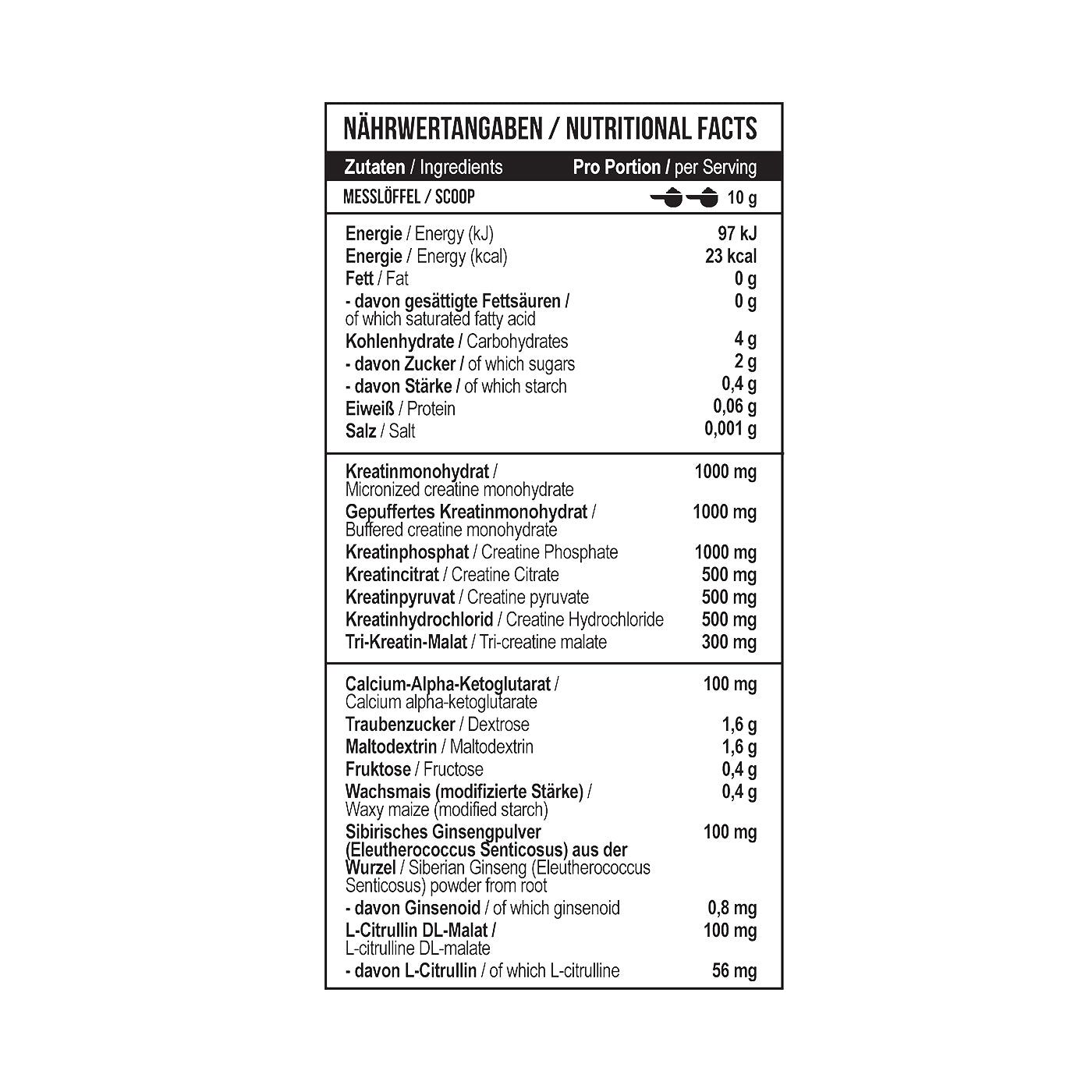 Rückseite einer Dose mit Nährwertangaben für Creatine Kick, inklusive Zutaten und Portionsgröße.