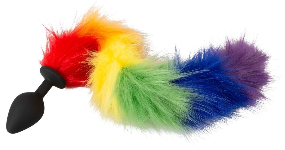 Regenbogenfarbener Fluffy Tail mit schwarzem Stecker. Produktansicht von oben.