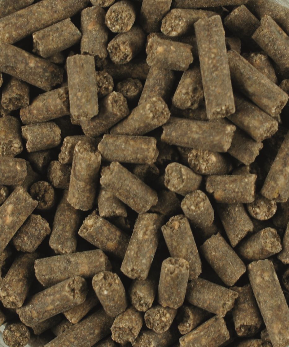 Nahaufnahme von braunen, zylindrischen Pellets. Texturierte Oberfläche. Unregelmäßige Form.