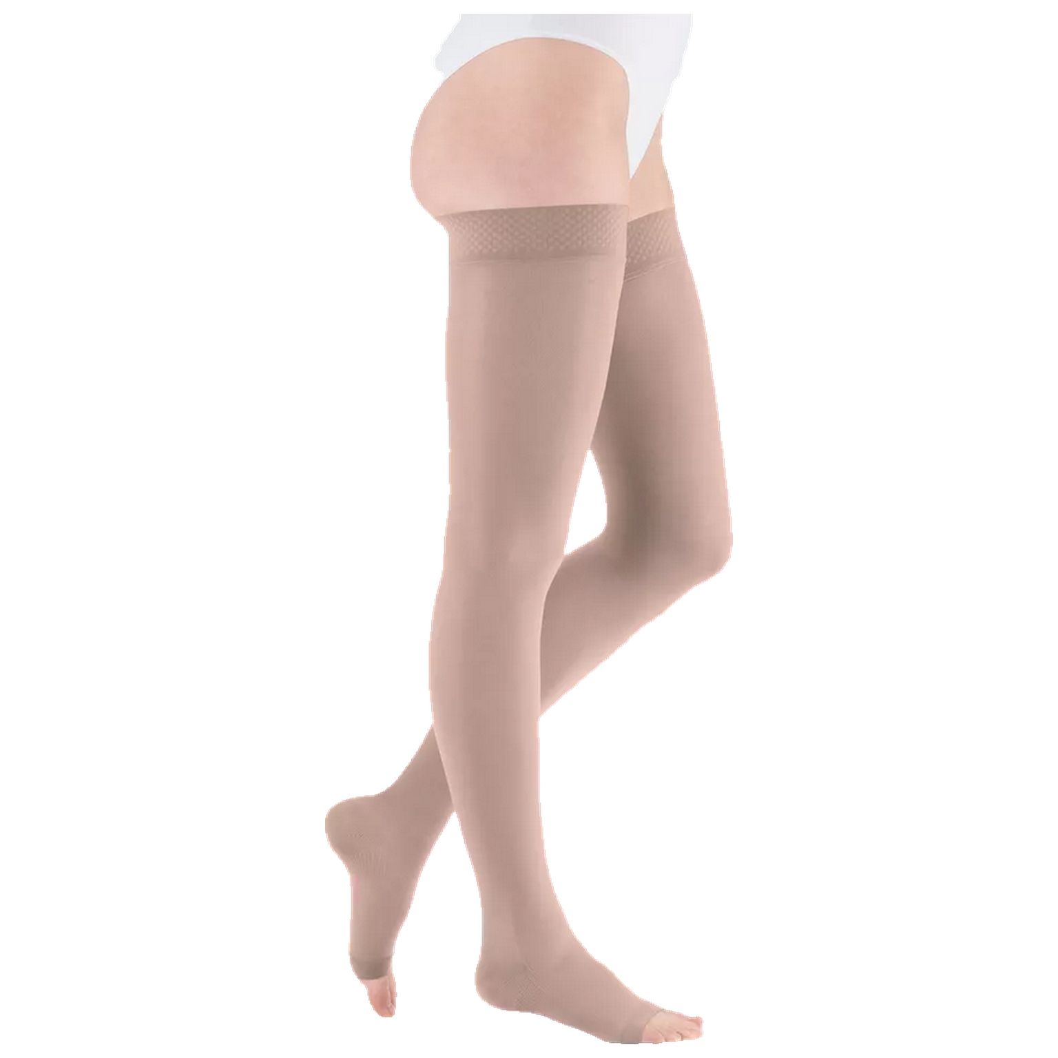 Beige Kompressions-Schenkelstrümpfe mit offener Spitze. Das Produkt bedeckt das Bein bis zum Oberschenkel.