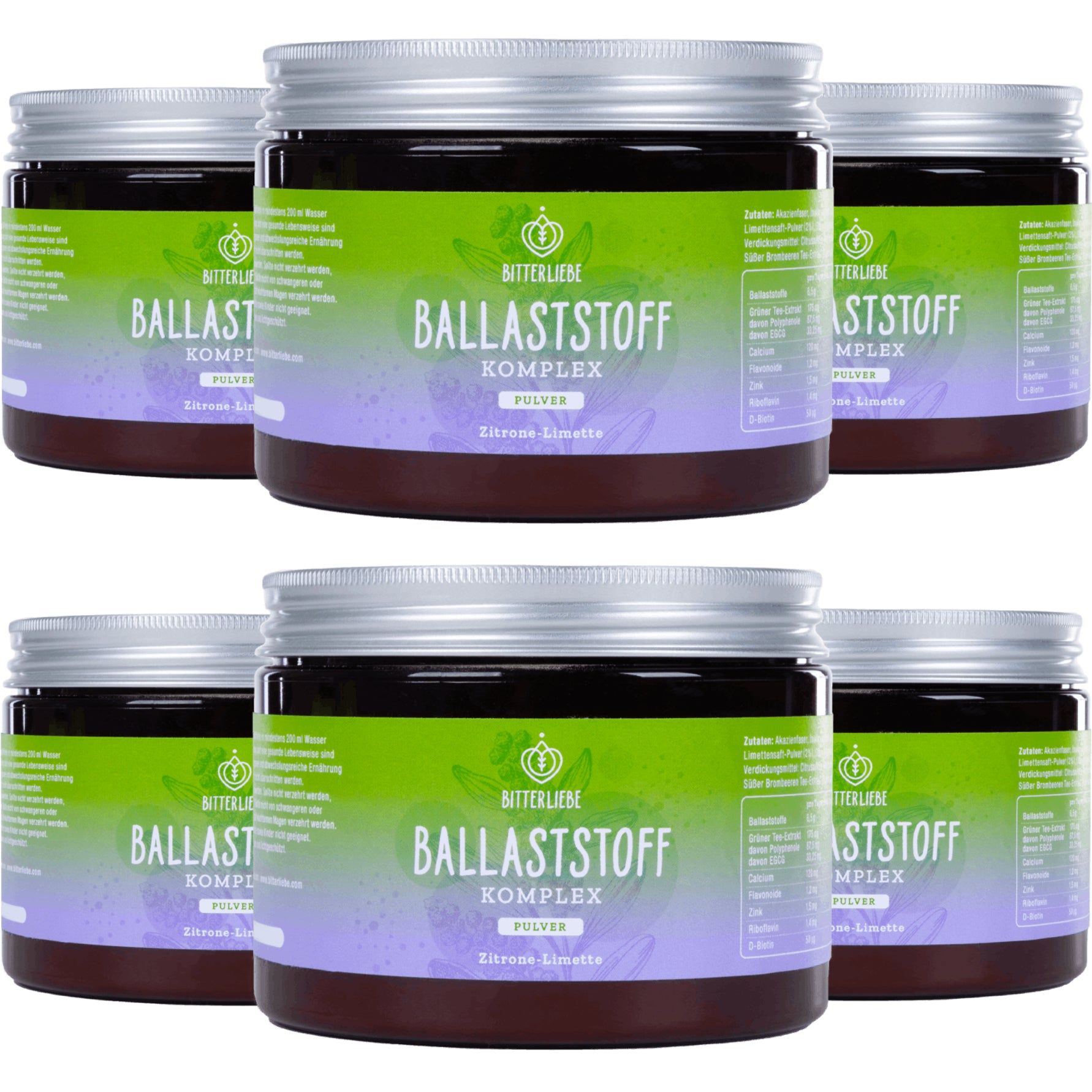 Sechs Dosen BitterLiebe Ballaststoff Komplex. Grüne Etiketten mit weißer Schrift. Silberne Deckel. Aufschrift: Ballaststoff Komplex, Zitrone Limette.
