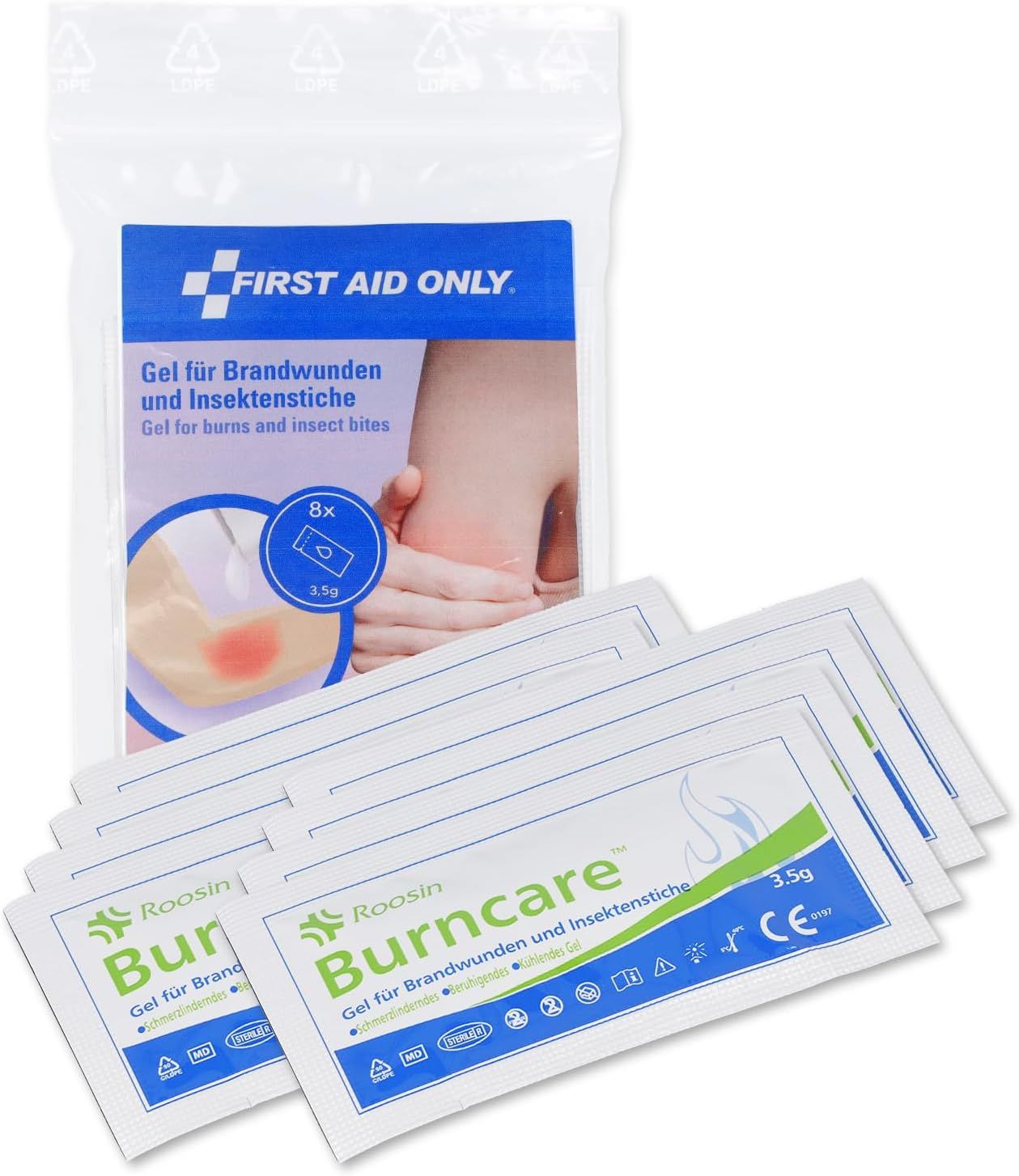 Packung mit 8 Gel-Päckchen für Brandwunden und Insektenstiche. Marke: FIRST AID ONLY. Einzelne Päckchen daneben.