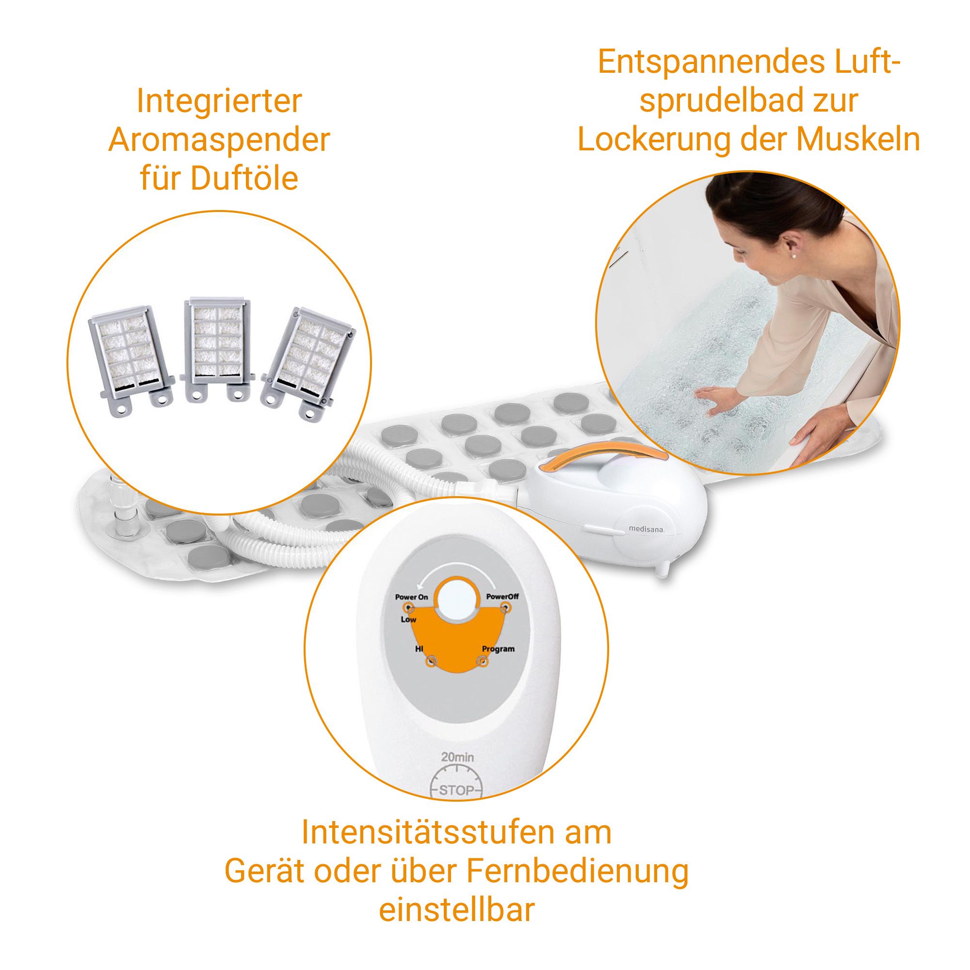 Sprudelmatte mit Gebläse, Fernbedienung und Aroma-Spendern.