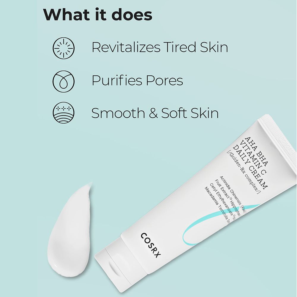 Textfeld mit den Vorteilen der Creme: Revitalisiert müde Haut, reinigt Poren, glatte Haut.